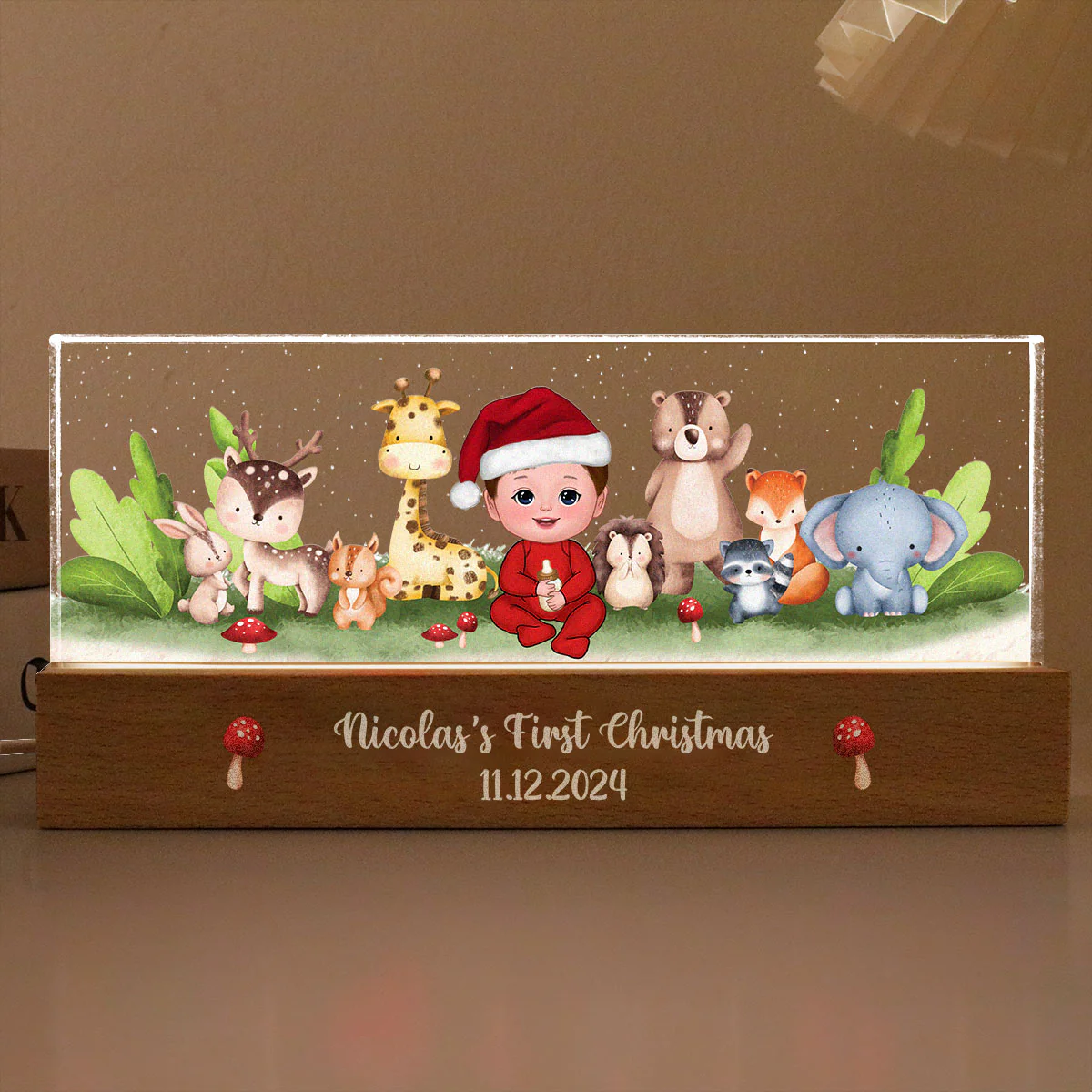 Woodland Animals Baby Christmas Personalized Acrylic Block LED Night Light - Image 5