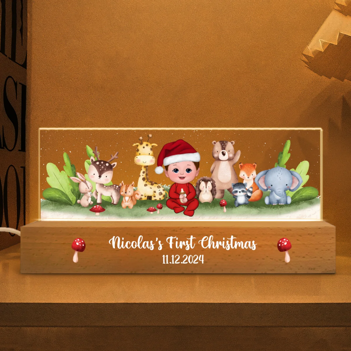 Woodland Animals Baby Christmas Personalized Acrylic Block LED Night Light - Image 9