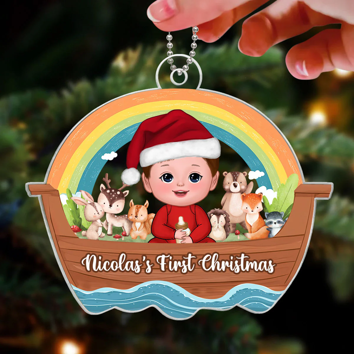 Woodland Animals On Ark Baby's First Christmas Personalized Acrylic Ornament - Image 3