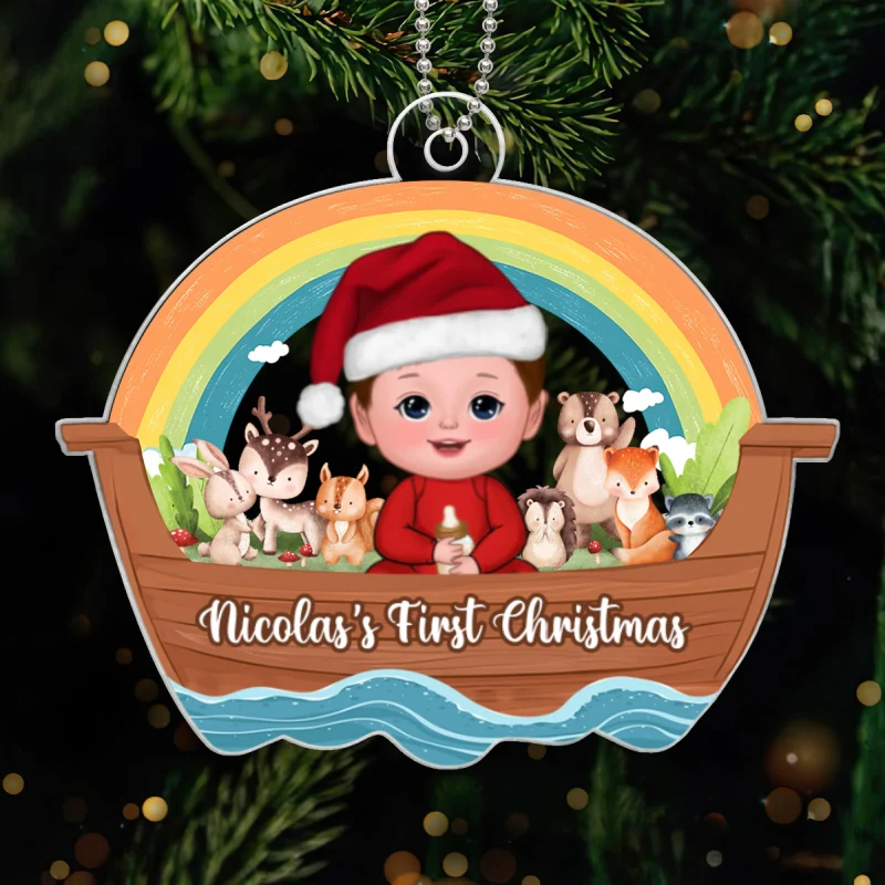 Woodland Animals On Ark Baby's First Christmas Personalized Acrylic Ornament - Image 5