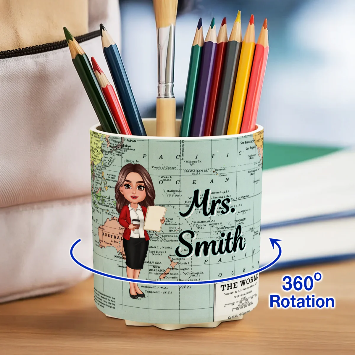 World Map Adventure Themed Doll Teacher Personalized Rotating Pen Holder - Image 2