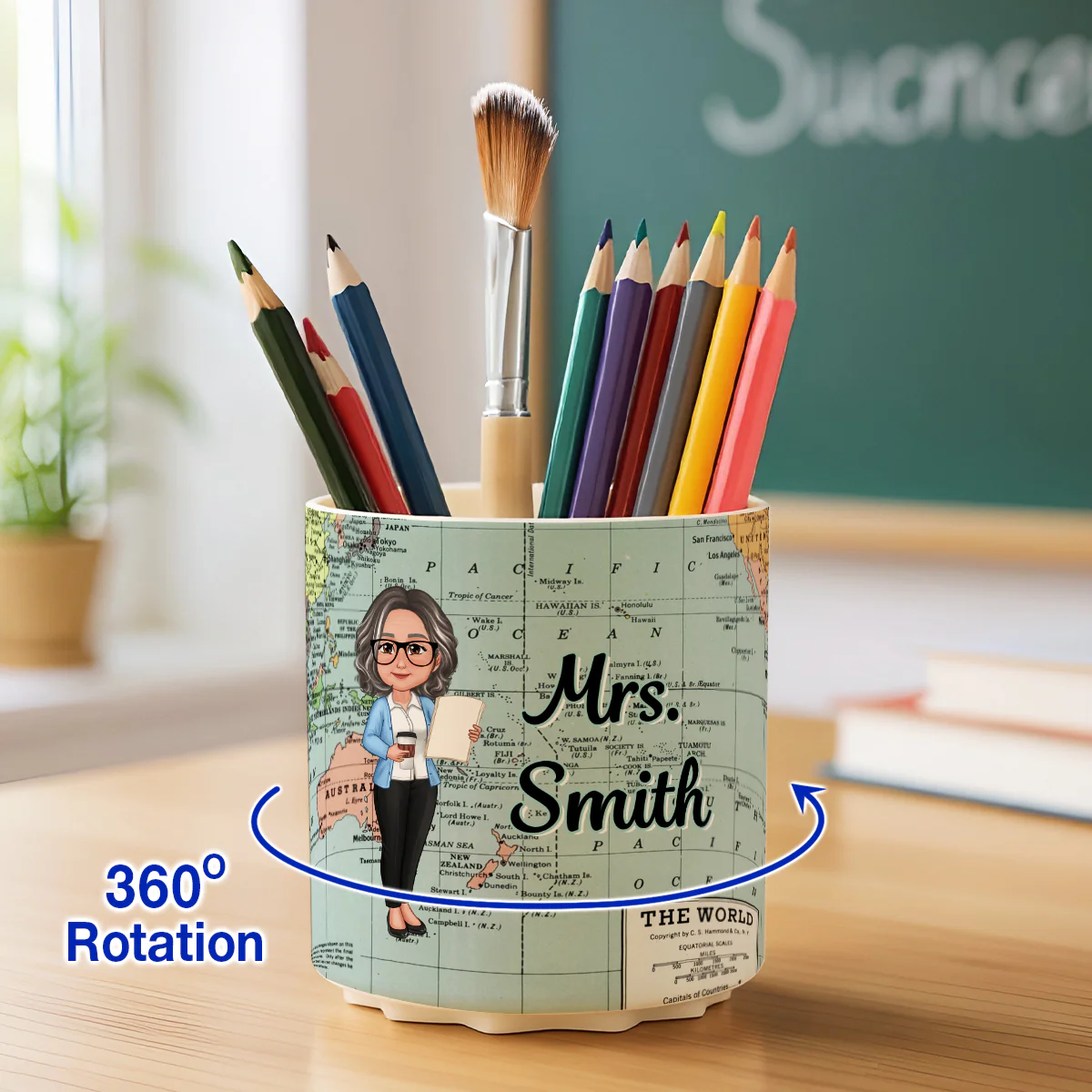 World Map Adventure Themed Doll Teacher Personalized Rotating Pen Holder - Image 3