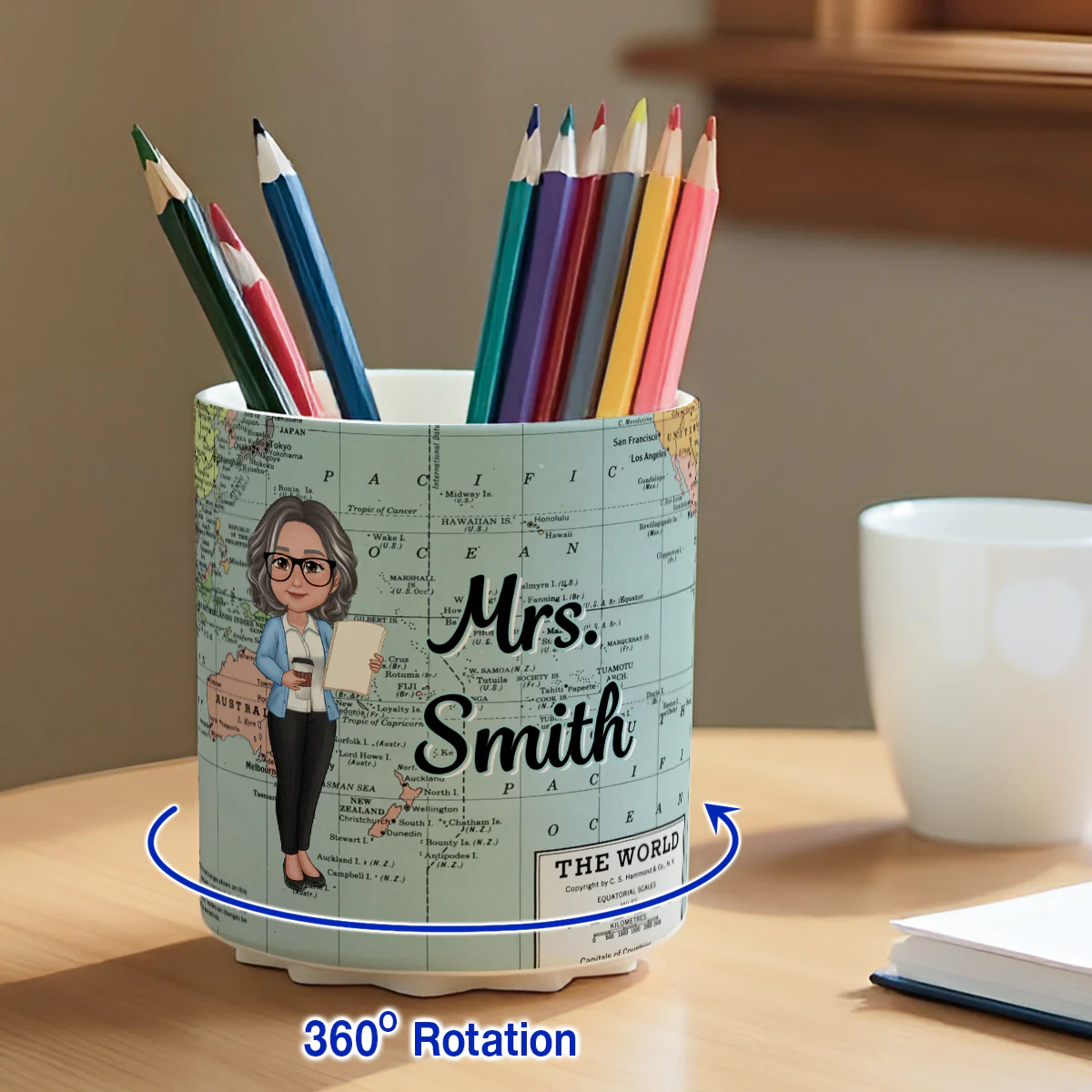 World Map Adventure Themed Doll Teacher Personalized Rotating Pen Holder - Image 4