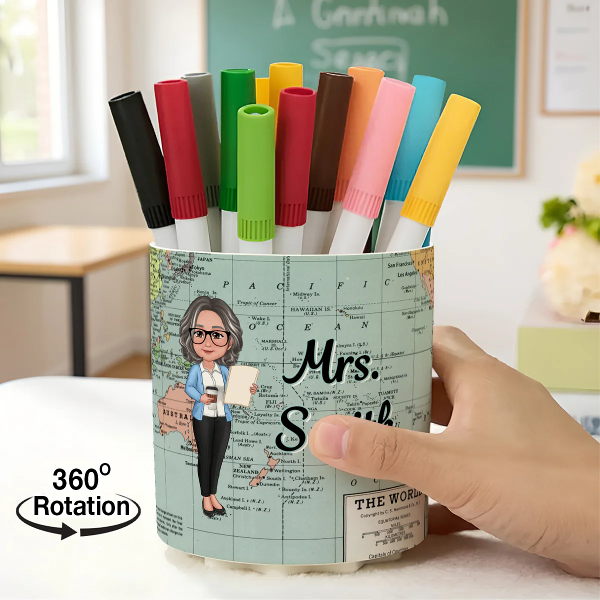 World Map Adventure Themed Doll Teacher Personalized Rotating Pen Holder - Image 5