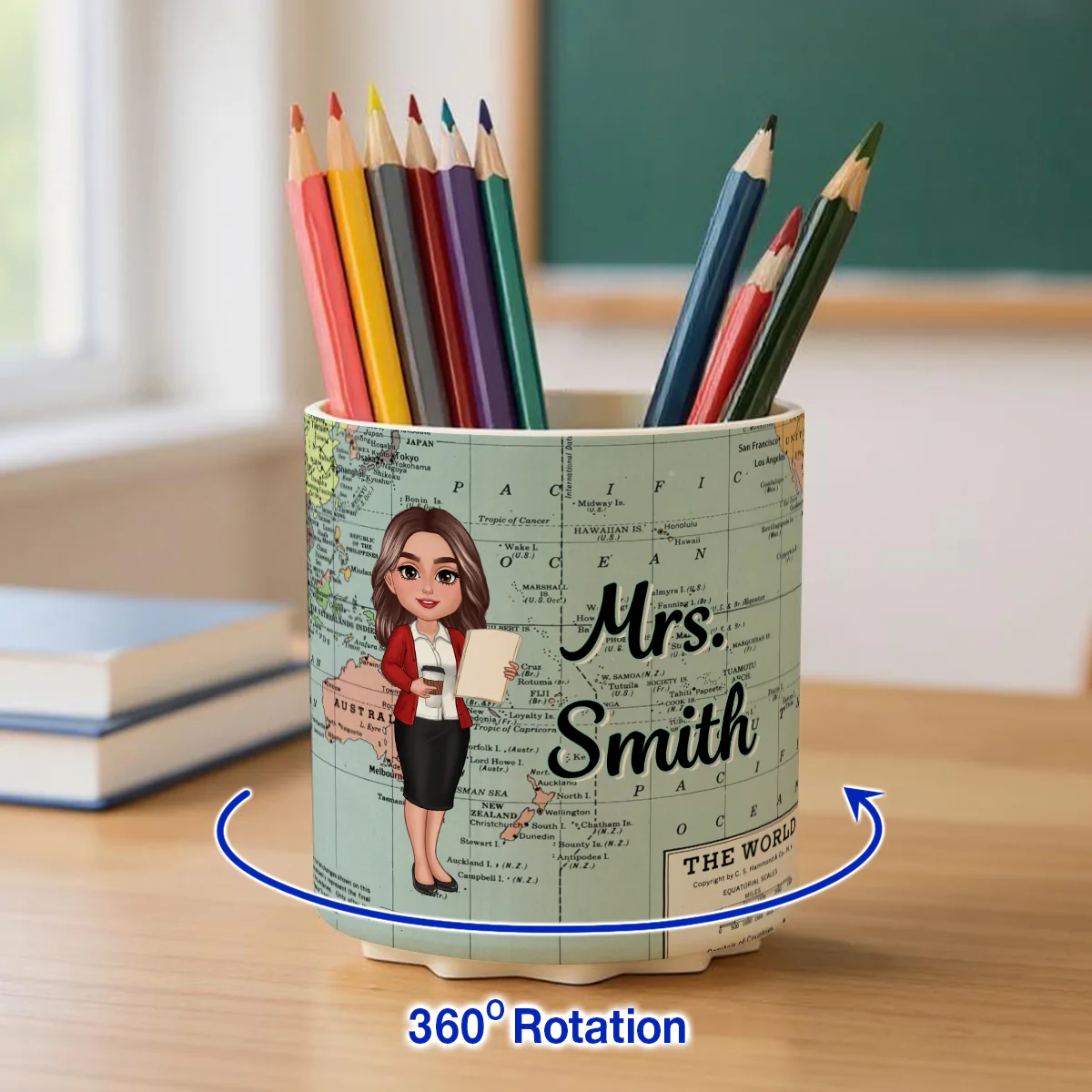 World Map Adventure Themed Doll Teacher Personalized Rotating Pen Holder - Image 6