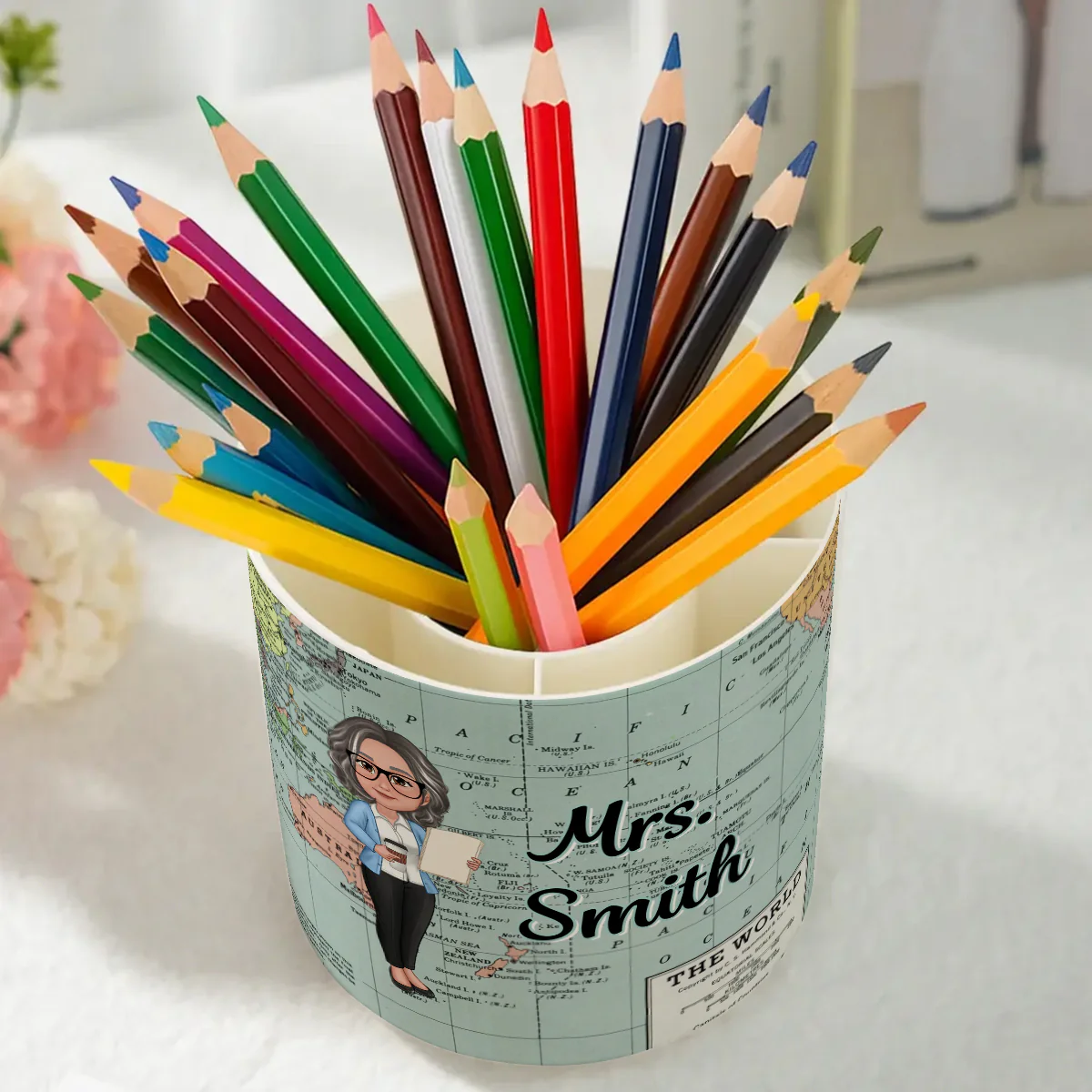 World Map Adventure Themed Doll Teacher Personalized Rotating Pen Holder - Image 7