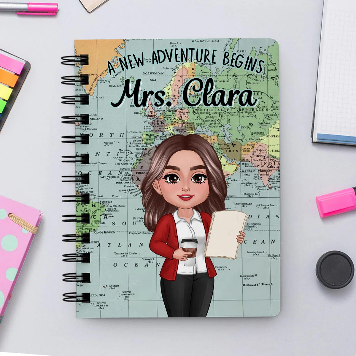 World Map Adventure Themed Teacher Book Of Notes Personalized Spiral Notebook Journal, Back To School Stationery