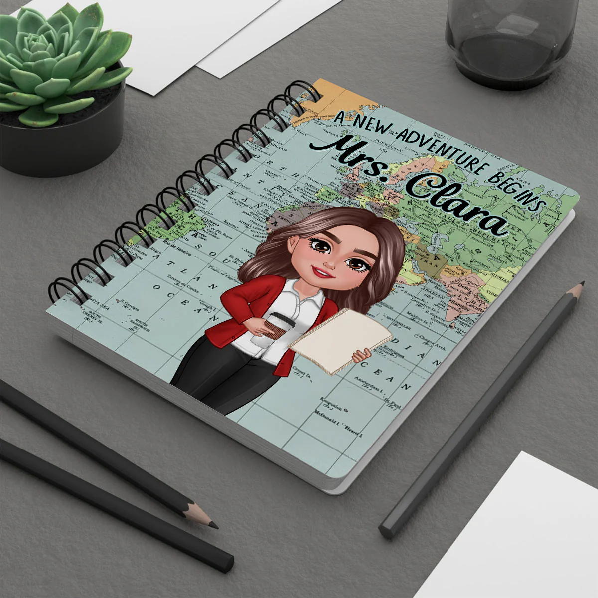 World Map Adventure Themed Teacher Book Of Notes Personalized Spiral Notebook Journal, Back To School Stationery - Image 4