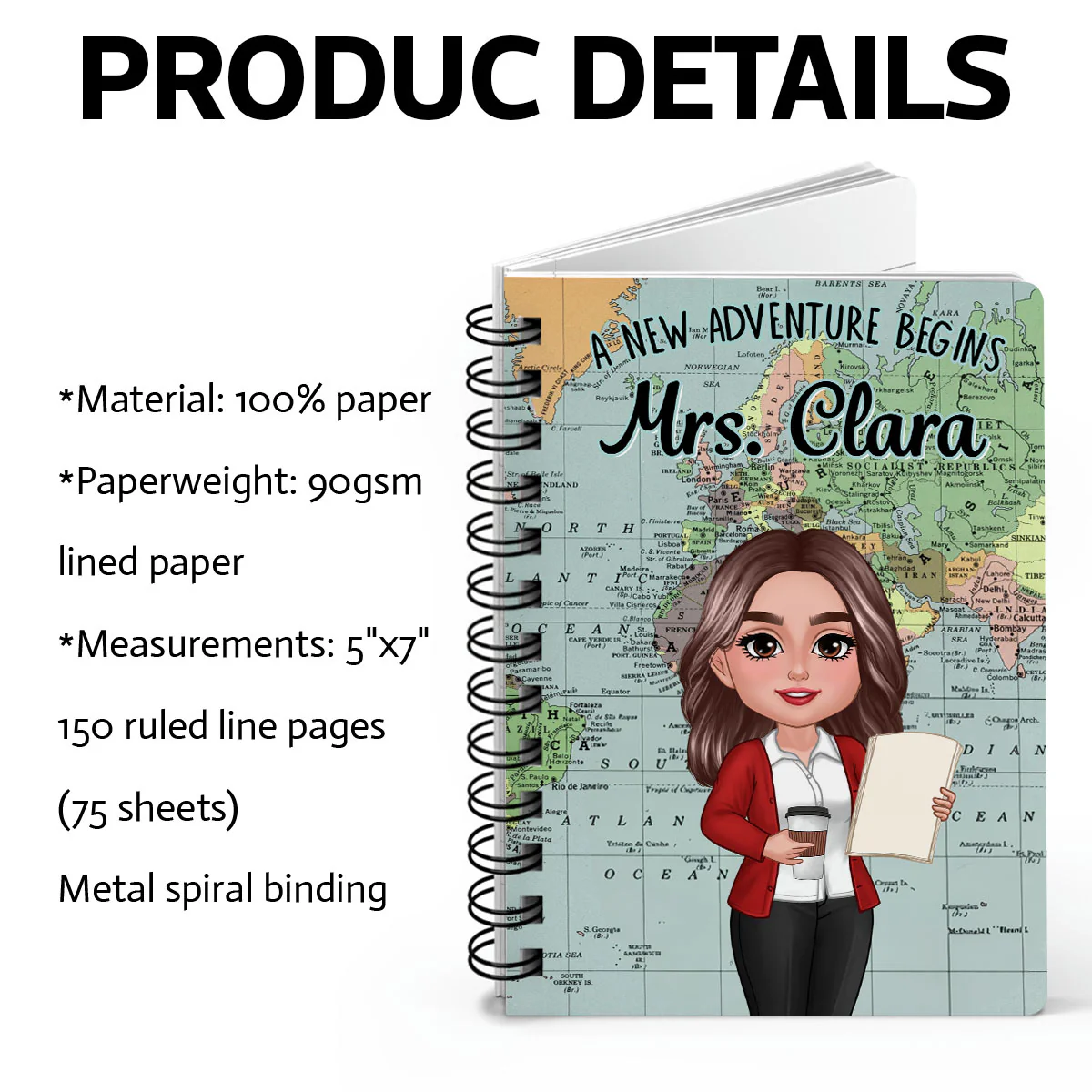 World Map Adventure Themed Teacher Book Of Notes Personalized Spiral Notebook Journal, Back To School Stationery - Image 5