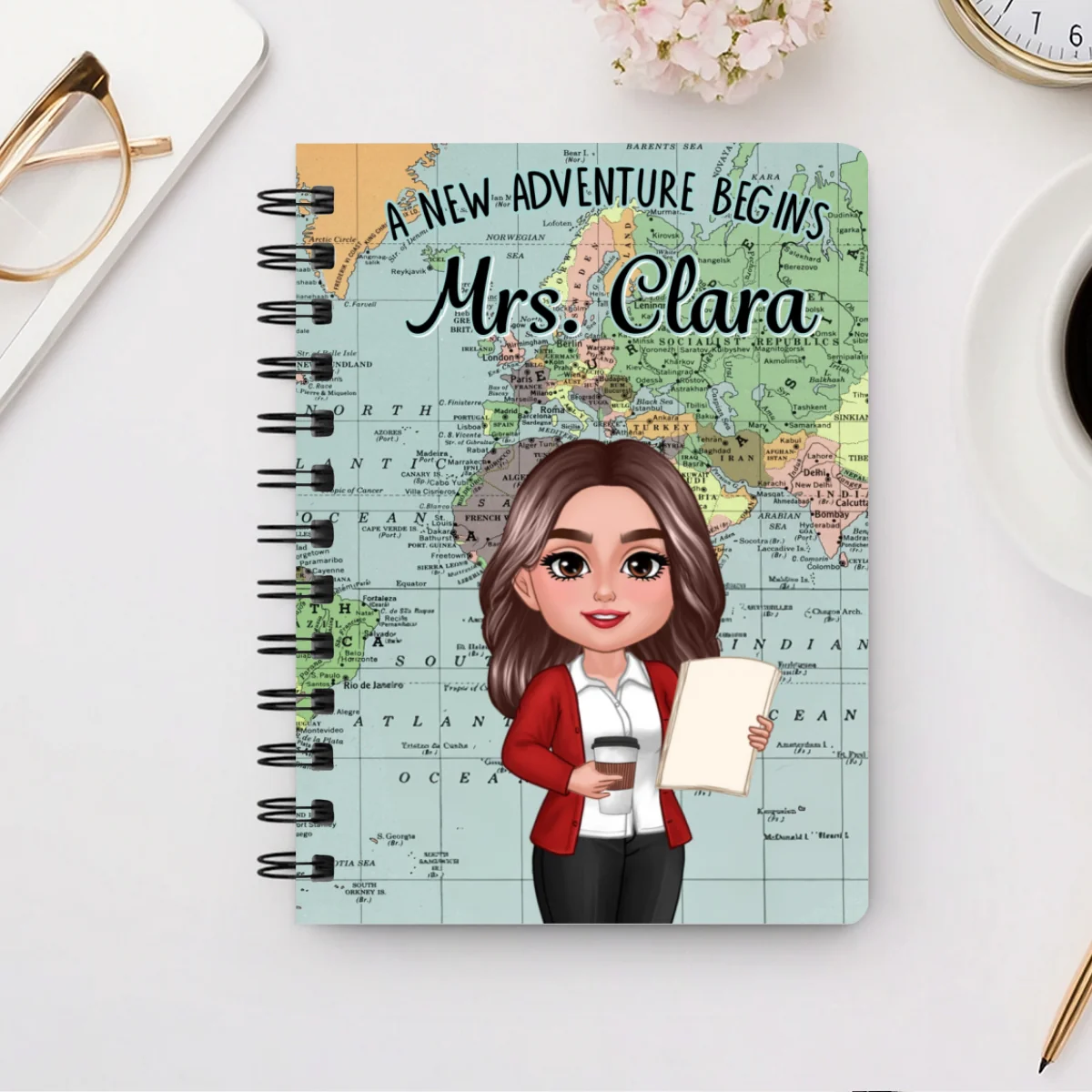 World Map Adventure Themed Teacher Book Of Notes Personalized Spiral Notebook Journal, Back To School Stationery - Image 9