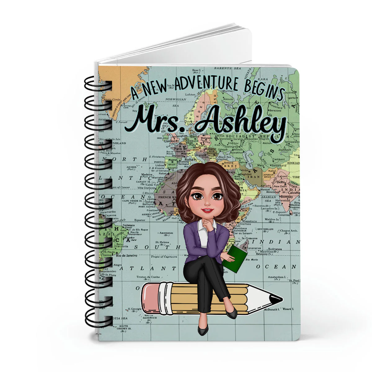 World Map Adventure Themed Teacher Sitting On Pencil Personalized Spiral Notebook Journal, Back To School Stationery - Image 2