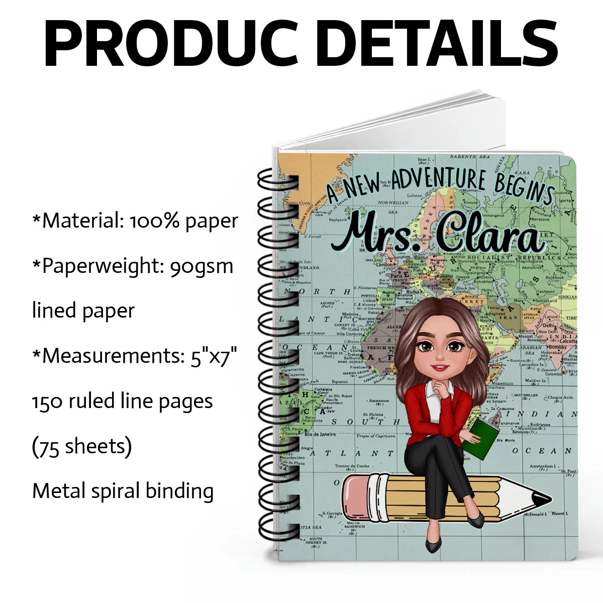 World Map Adventure Themed Teacher Sitting On Pencil Personalized Spiral Notebook Journal, Back To School Stationery - Image 5