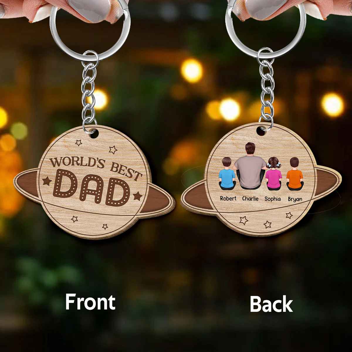 World‘s Best Dad Back View Planet Personalized Wooden Keychain - Image 3