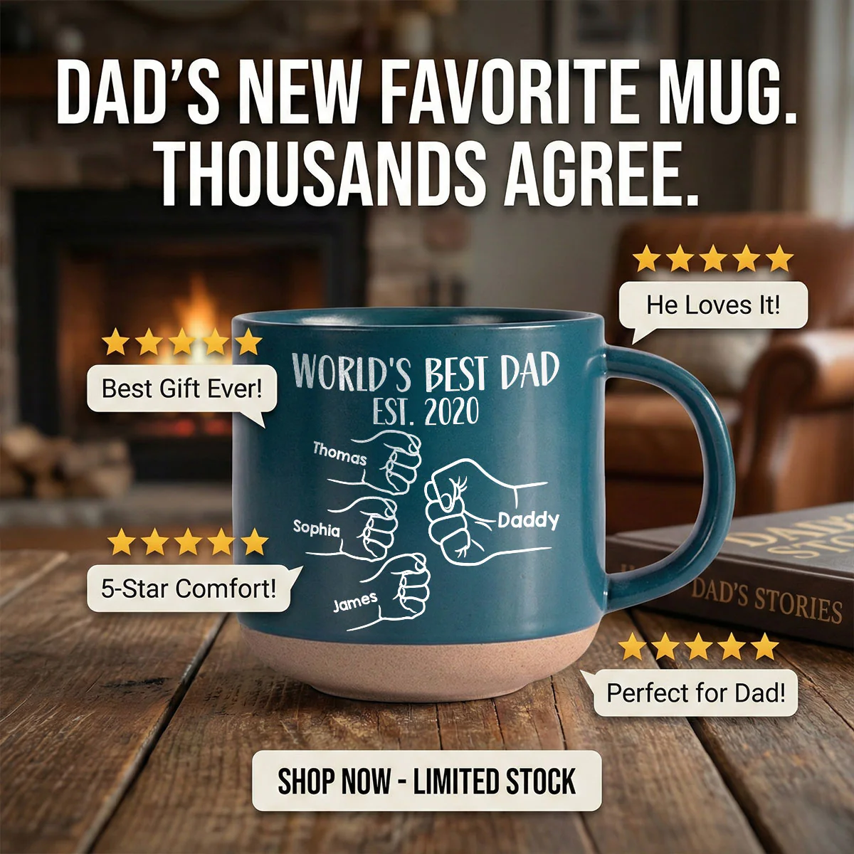 World's Best Dad Fist Bump - Personalized Pottery Mug - Gift For Dad - Image 4