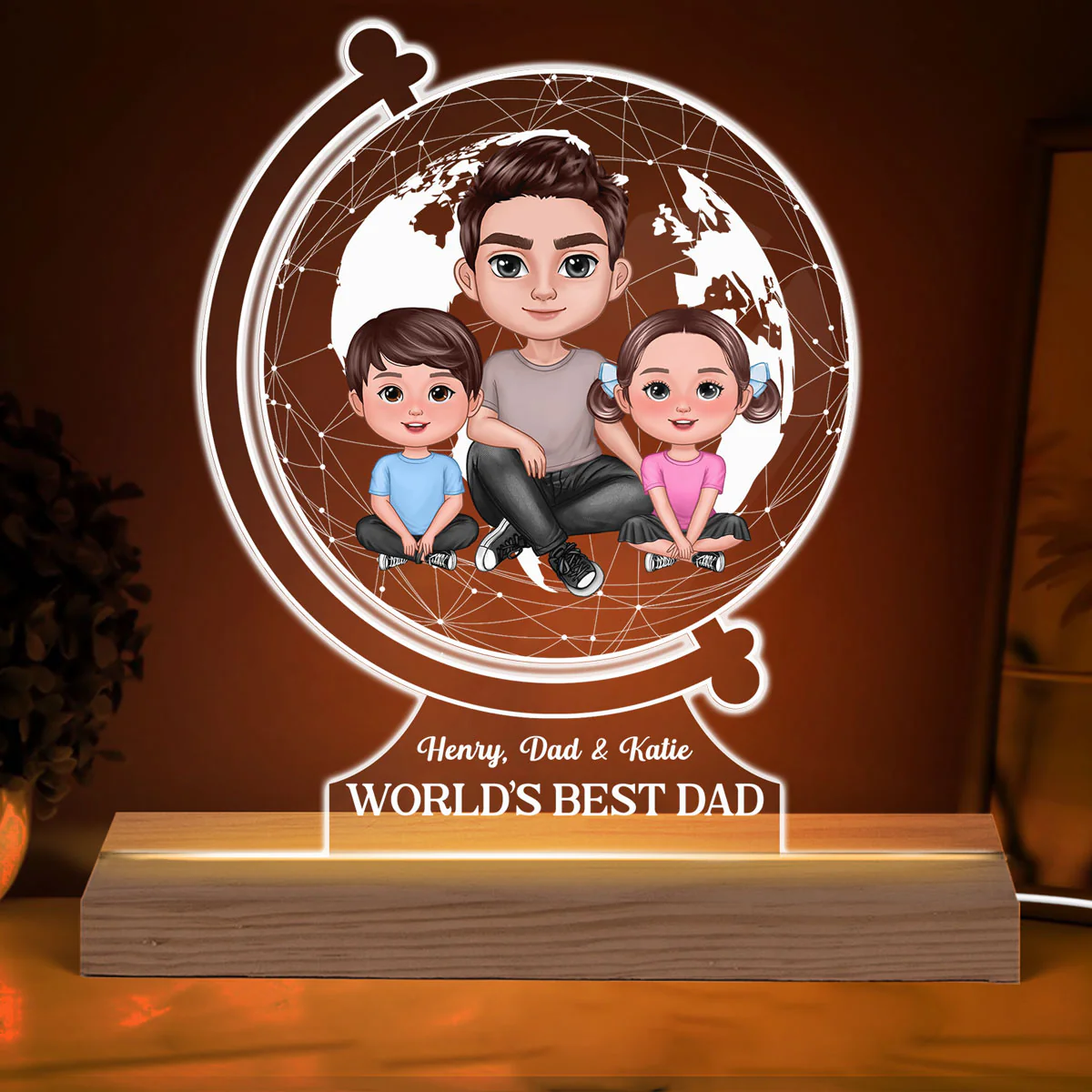 World‘s Best Dad Globe Shape Personalized Warm Acrylic Custom Shape LED Night Light