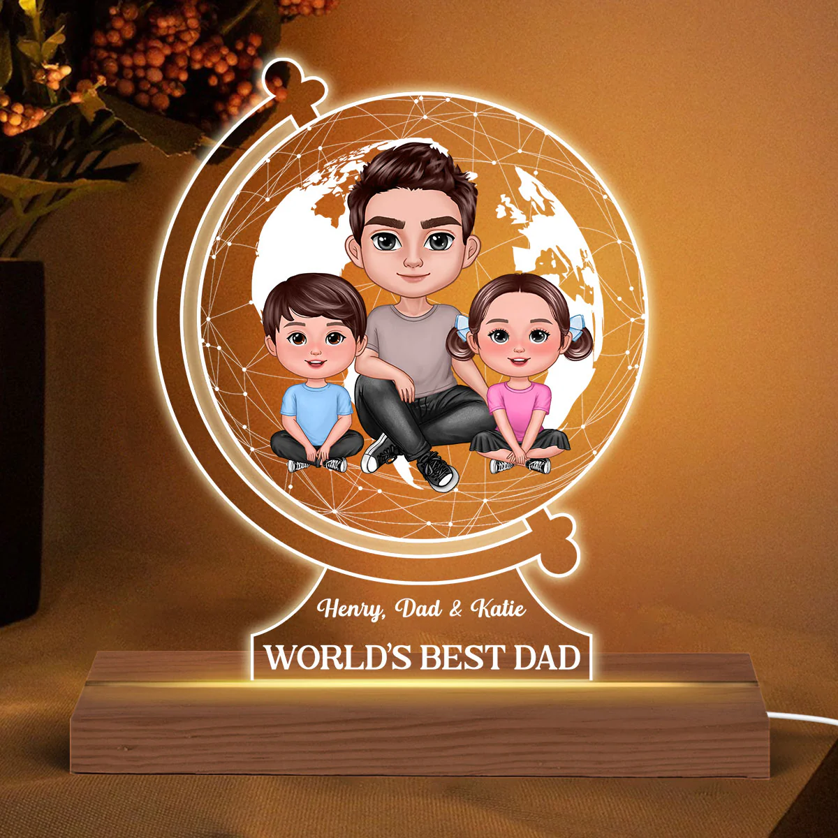 World‘s Best Dad Globe Shape Personalized Warm Acrylic Custom Shape LED Night Light - Image 2