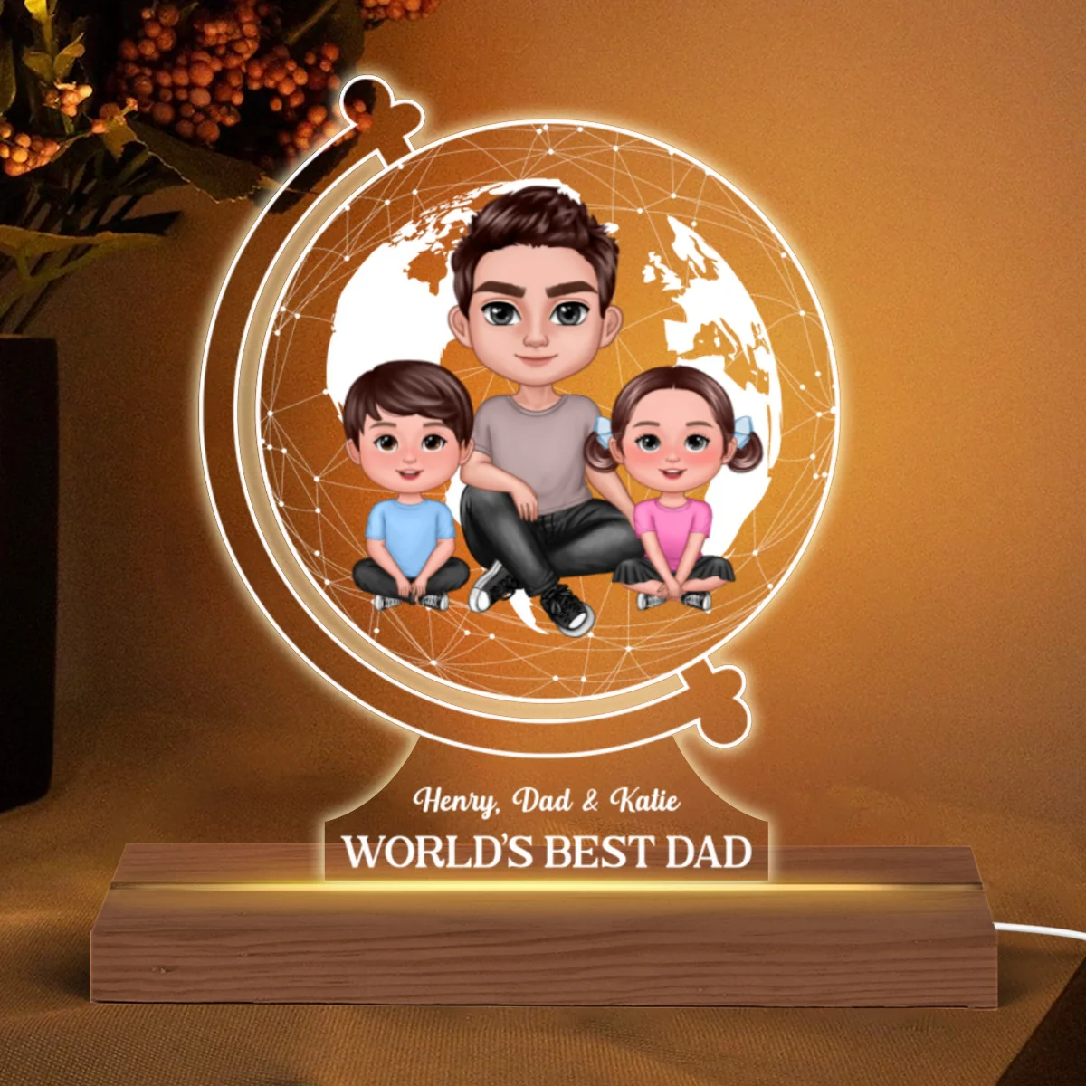 World‘s Best Dad Globe Shape Personalized Warm Acrylic Custom Shape LED Night Light - Image 4