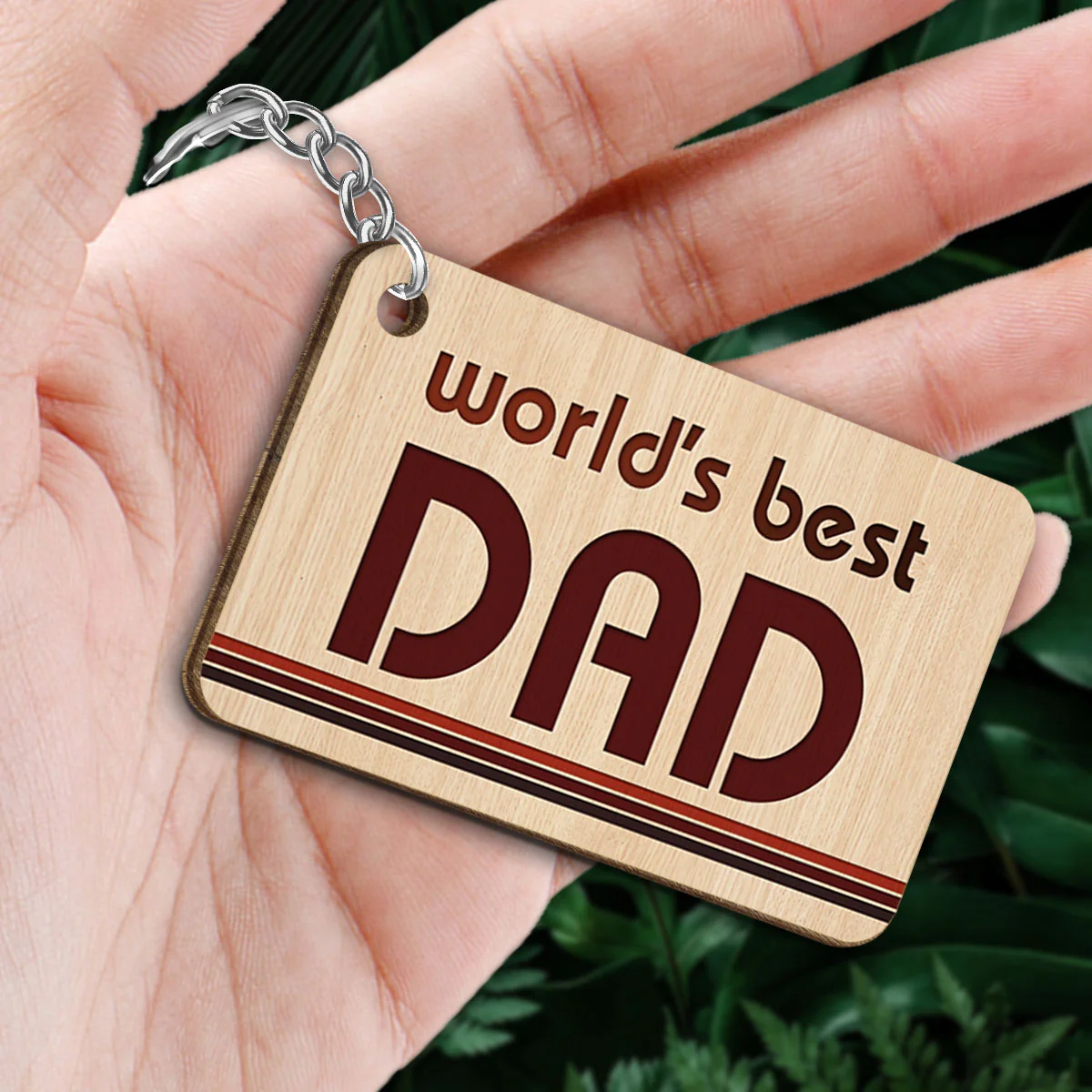 World‘s Best Dad Red Brown Black Line Dad And Kids Standing Front View Personalized Wooden Keychain - Image 2