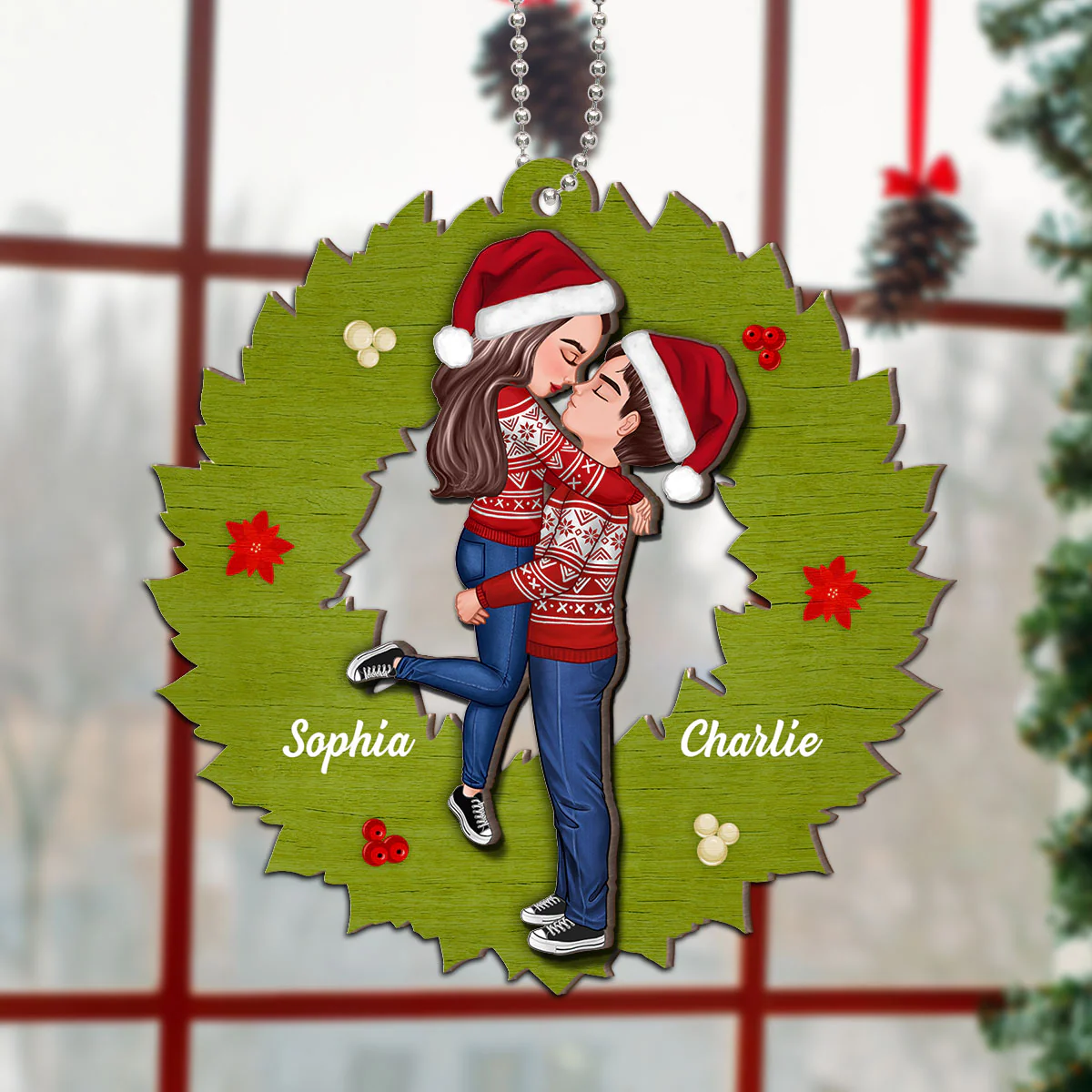 Wreath Christmas Couple Kissing Personalized 2-Layer Wooden Ornament - Image 5