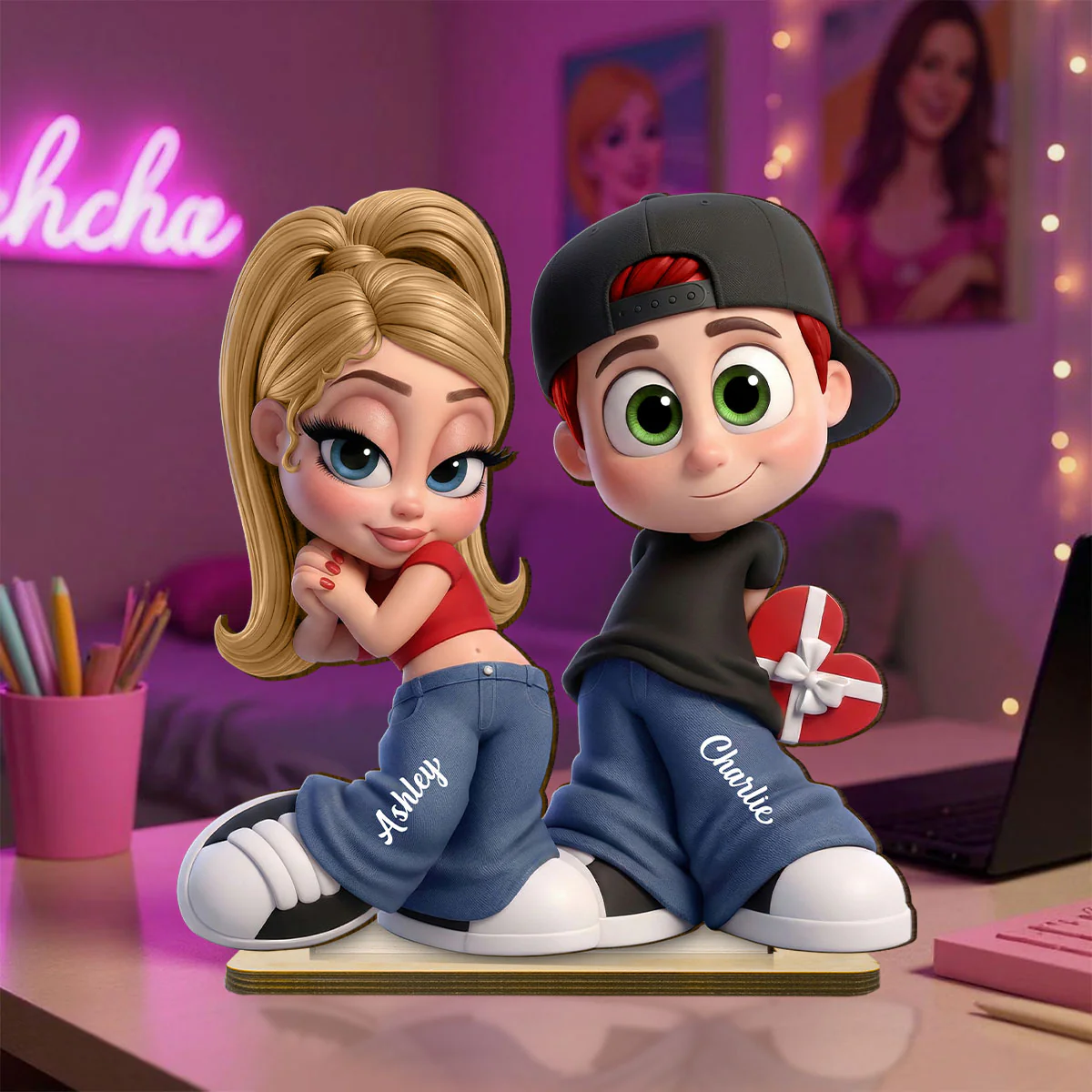 Y2K Couple 3D Cartoon Effect - Personalized Wooden Plaque - Sentimental Valentine's Day Gift for him, for her - Image 3