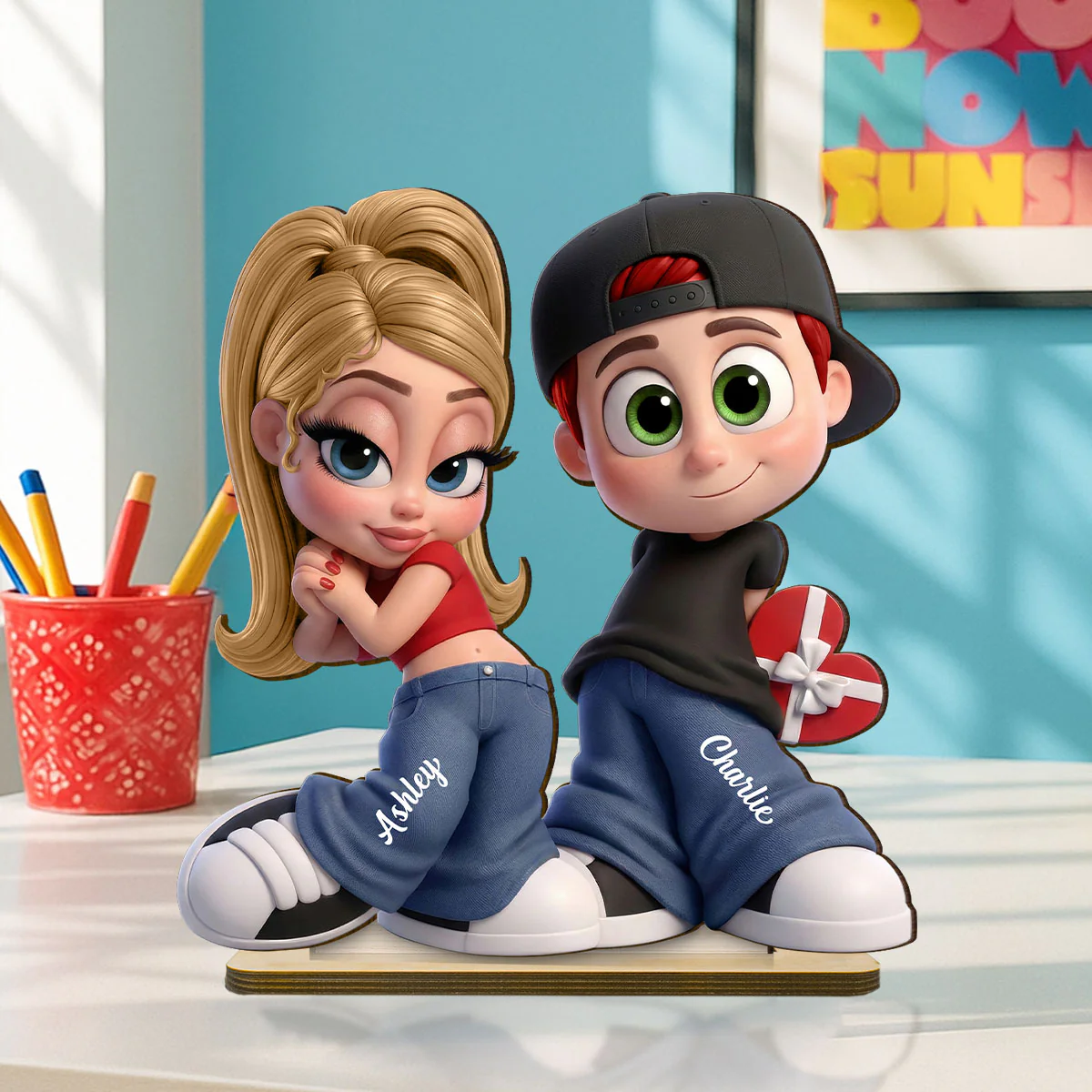 Y2K Couple 3D Cartoon Effect - Personalized Wooden Plaque - Sentimental Valentine's Day Gift for him, for her - Image 4