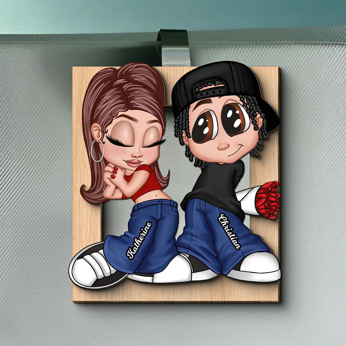 Y2K Couple Frame Personalized 2-layer Wooden Car Visor, Gift for Him, Gift for Her