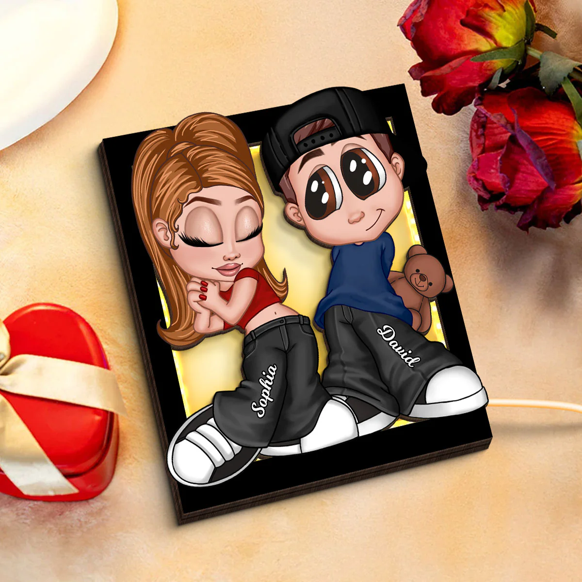 Y2K Couple Frame Personalized 2-Layer Wooden Plaque With LED, Anniversary Gift for Him, Gift for Her - Image 4
