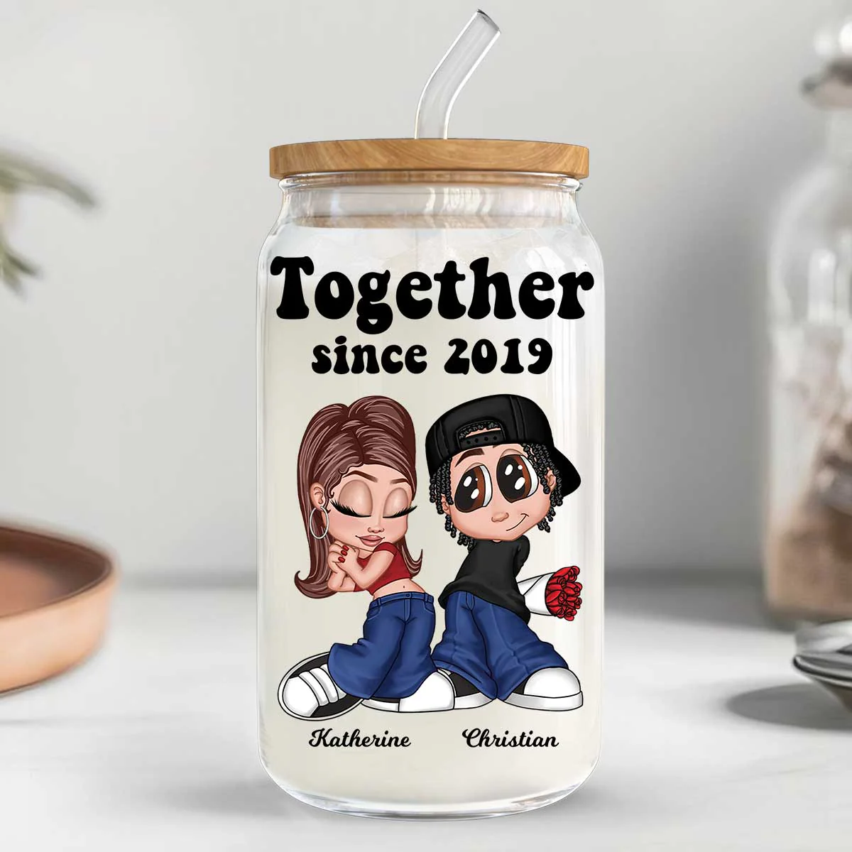 Y2K Couple Gift For Him For Her Personalized Clear Glass Can - Image 3