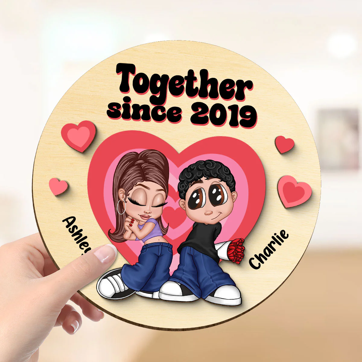 Y2K Couple Hearts Personalized 2-layer Wooden Plaque, Unique Valentine's Day Gift For Him, Gift For Her - Image 4