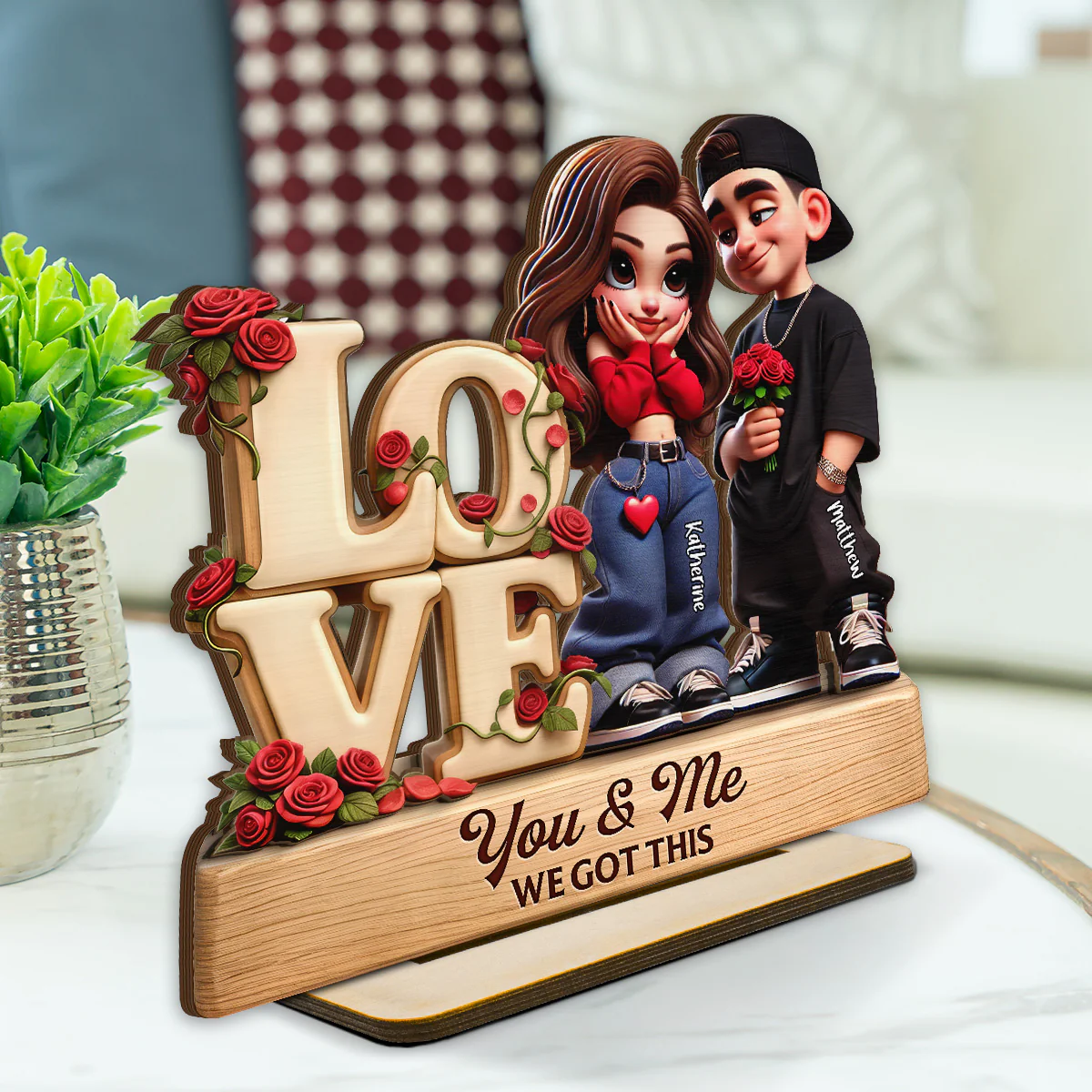 Y2K Couple Love Rose - Personalized 2-Layered Wooden Plaque - Valentine's Day Gift For Couple, For Him, For Her, Nurse, Police, Firefighter, Army - Image 2