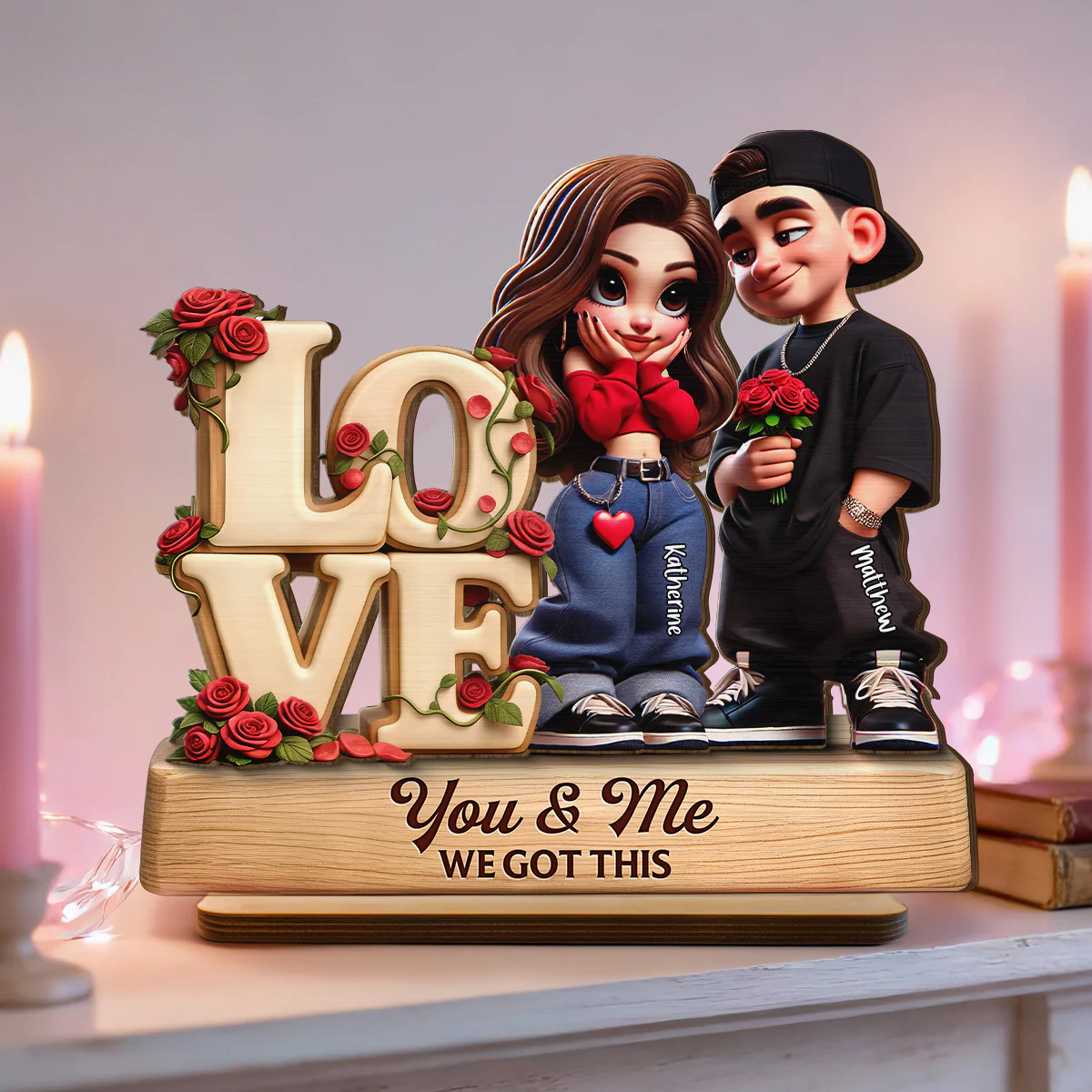 Y2K Couple Love Rose - Personalized 2-Layered Wooden Plaque - Valentine's Day Gift For Couple, For Him, For Her, Nurse, Police, Firefighter, Army - Image 3
