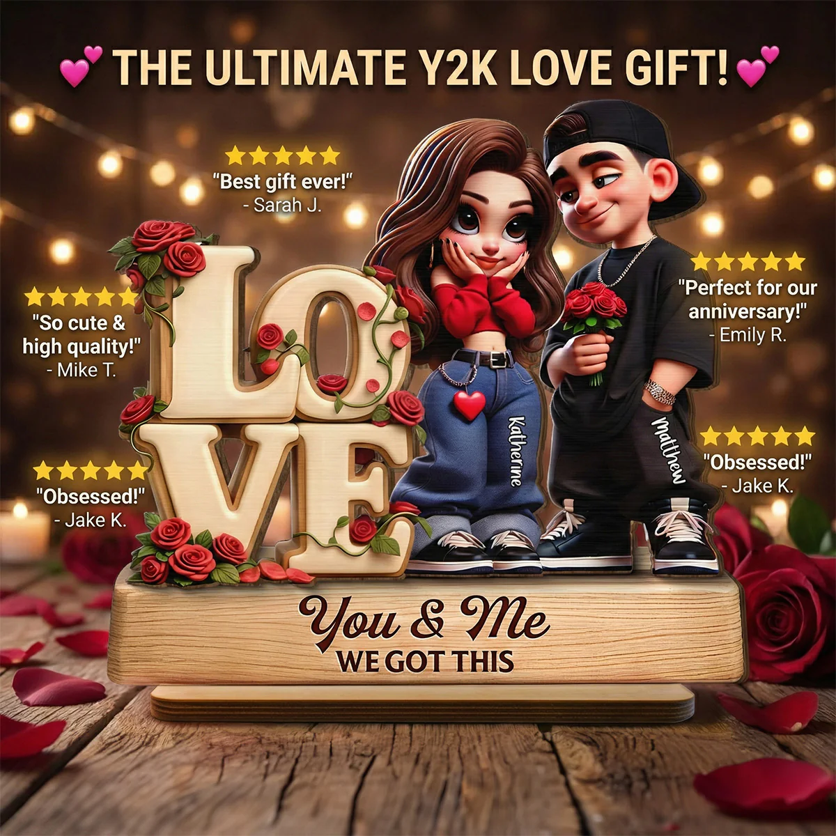 Y2K Couple Love Rose - Personalized 2-Layered Wooden Plaque - Valentine's Day Gift For Couple, For Him, For Her, Nurse, Police, Firefighter, Army - Image 4