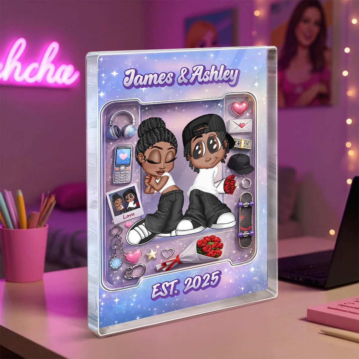 Y2K Couple Pink Toy Box With Accessories - Personalized Acrylic Block - Gift for Couple - Image 6