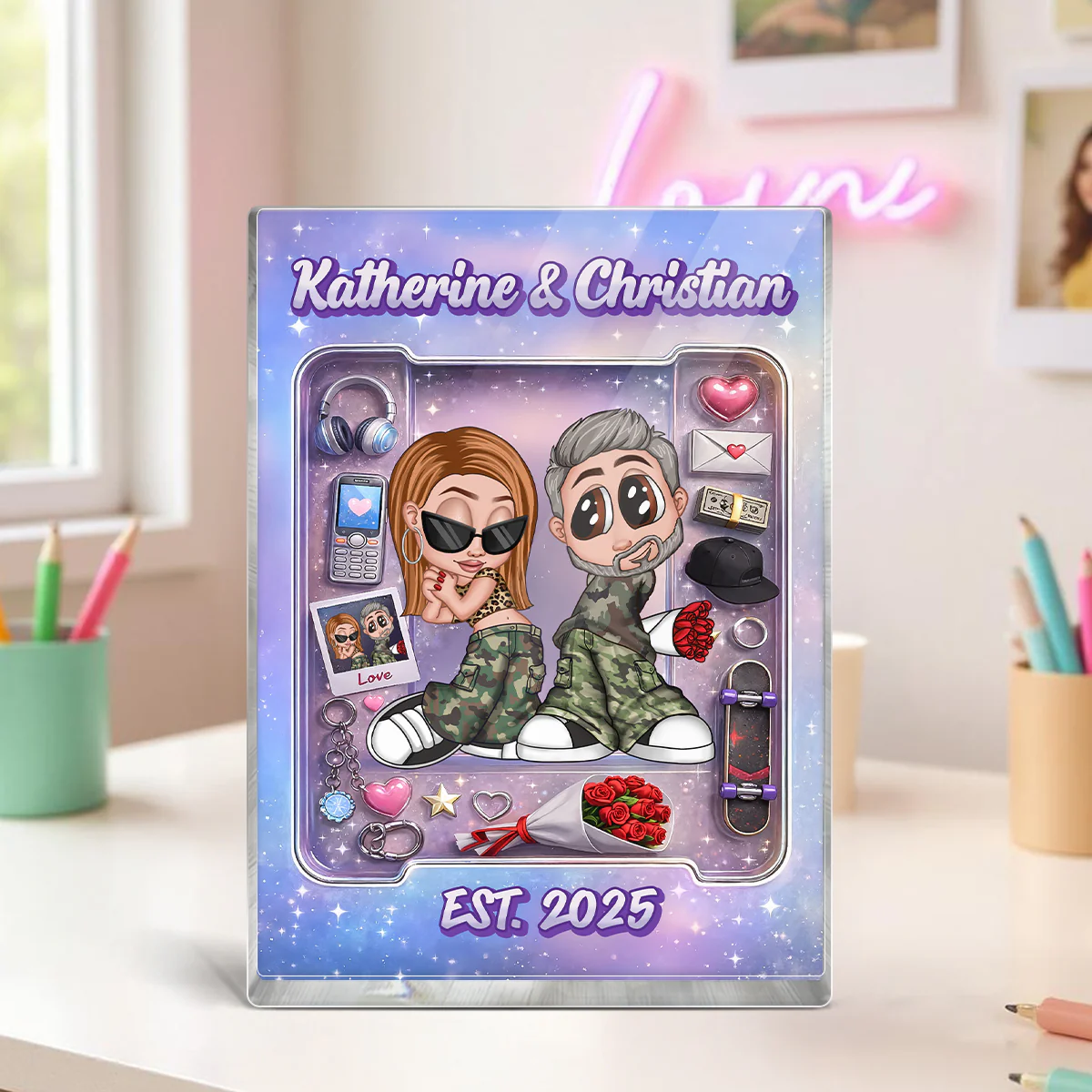 Y2K Couple Pink Toy Box With Accessories - Personalized Acrylic Block - Gift for Couple - Image 7