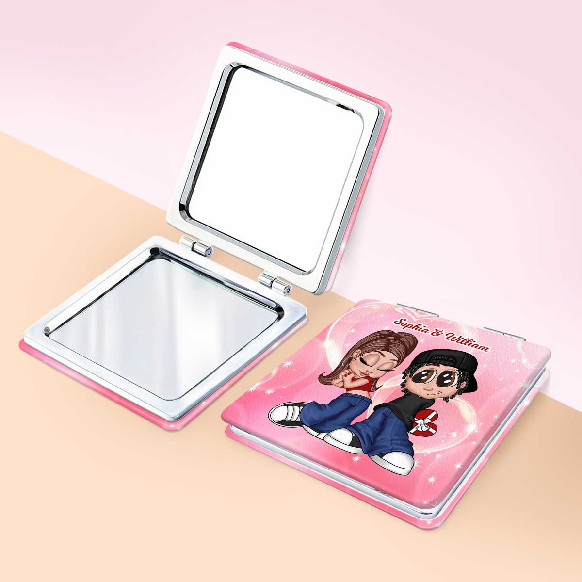Y2K Couple Personalized Square Compact Mirror, Gift For Him, For Her - Image 3