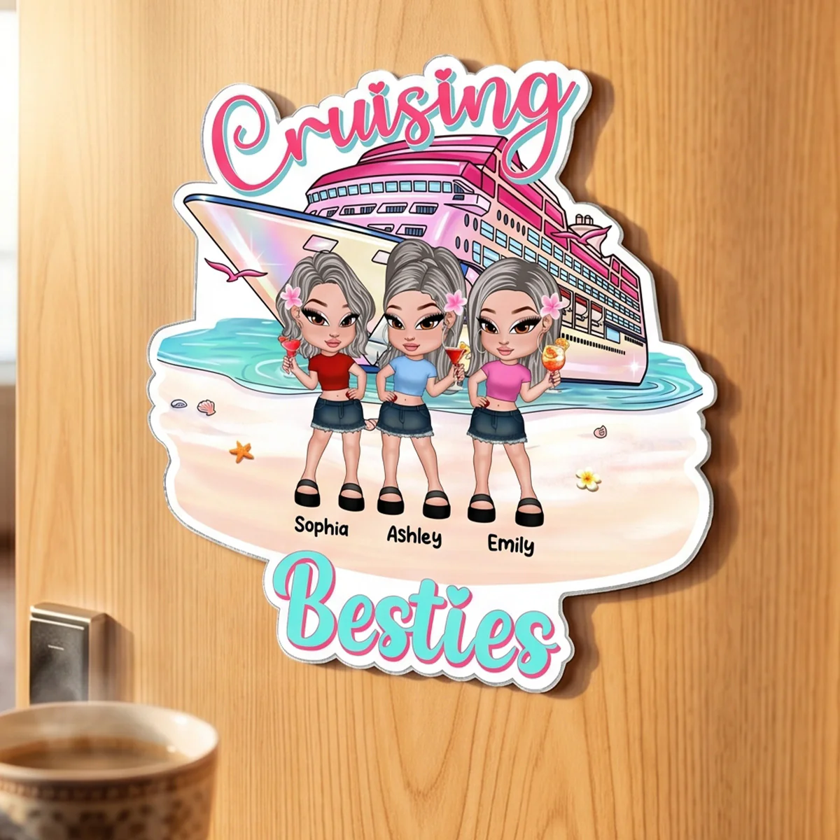 Y2K Cruising Besties On The Beach - Personalized Cruise Cabin Door Magnet - Girls Trip Cruise Trip Keepsake - Image 3