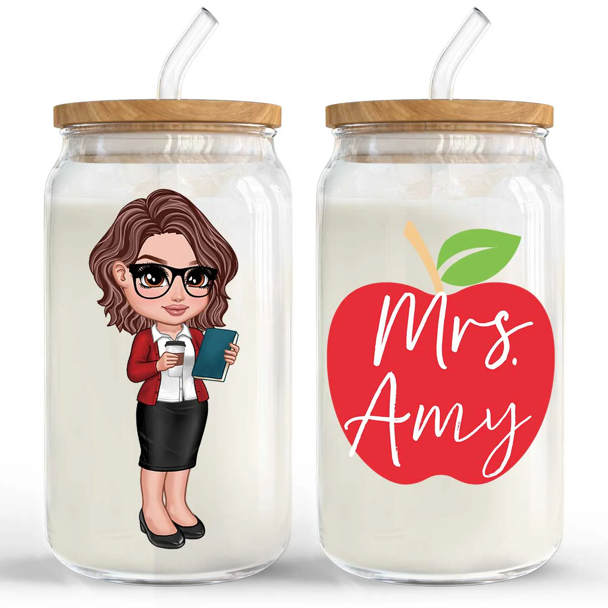 Y2K Style Teacher Apple Personalized Clear Glass Can, Gift For Teacher, Appreciation Gift - Image 4