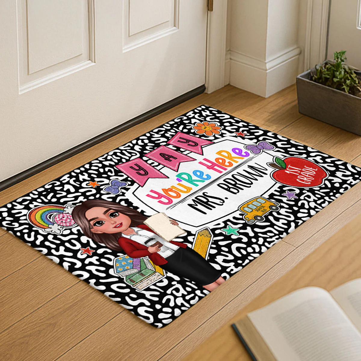 Yay You're Here Composition Book Pattern Personalized Doormat, Back To School Gift - Image 3