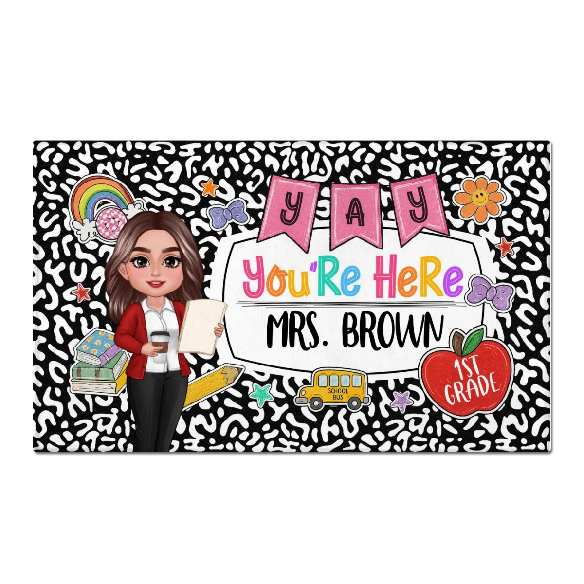 Yay You're Here Composition Book Pattern Personalized Doormat, Back To School Gift - Image 7