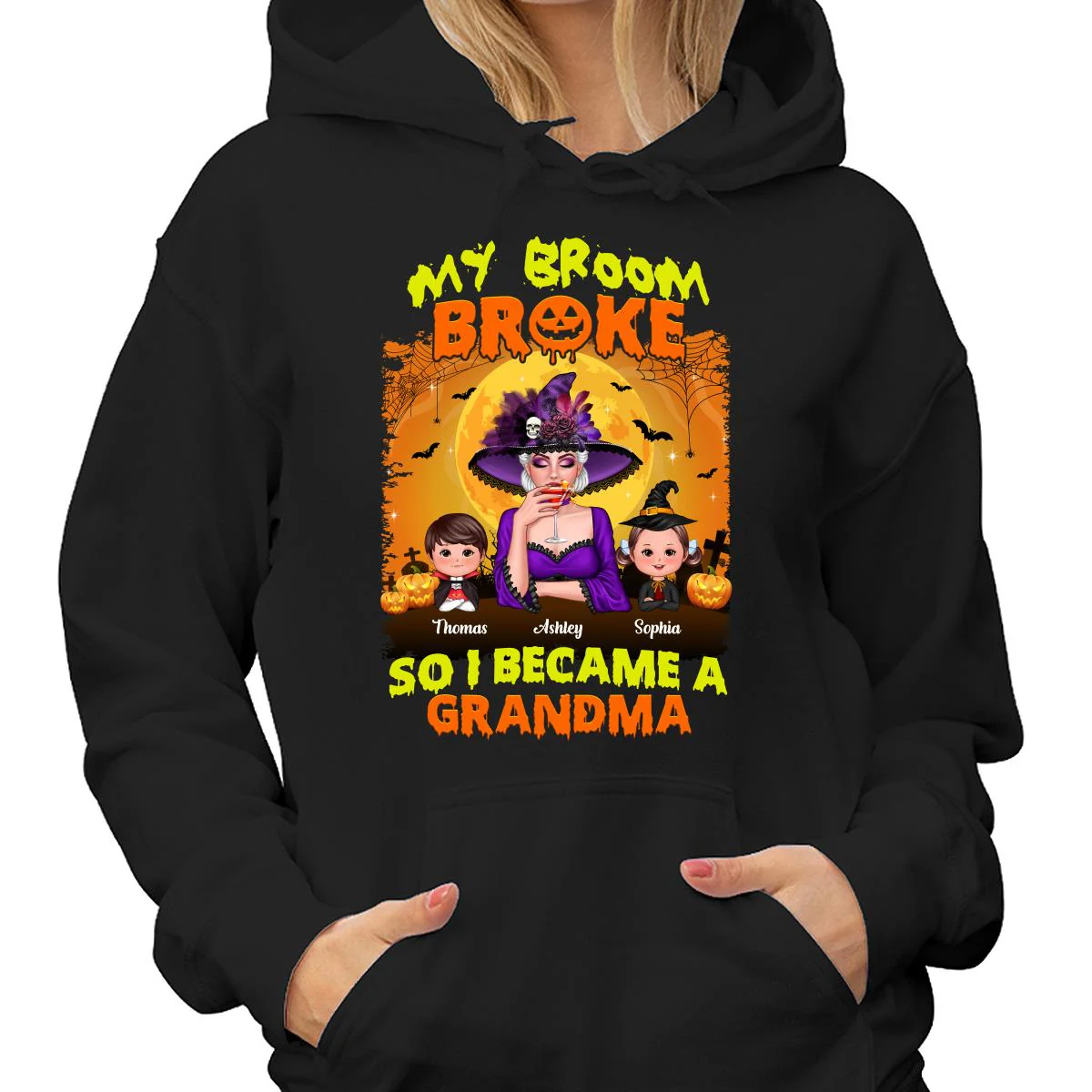 Yellow And Orange Grandma Witch Personalized Shirt - Image 4