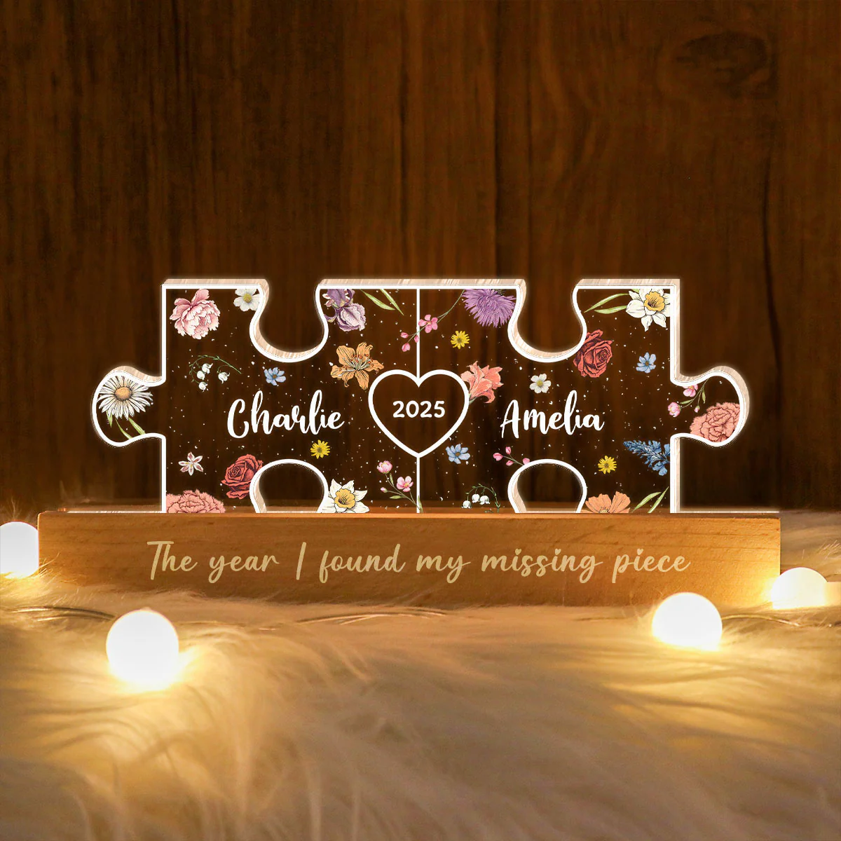 You Are My Missing Piece Couple Initials Floral Theme Personalized Acrylic LED Night Light, Heartfelt 2025 Gift, Anniversary Gift For Her, For Girlfriend, For Wife - Image 2