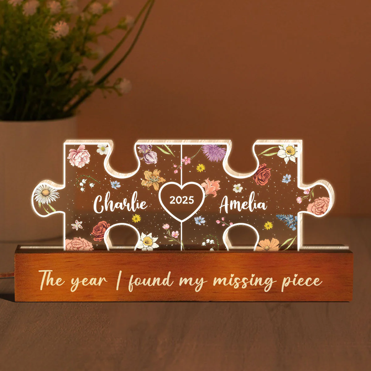 You Are My Missing Piece Couple Initials Floral Theme Personalized Acrylic LED Night Light, Heartfelt 2025 Gift, Anniversary Gift For Her, For Girlfriend, For Wife - Image 3