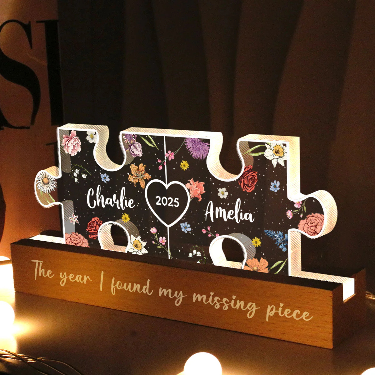 You Are My Missing Piece Couple Initials Floral Theme Personalized Acrylic LED Night Light, Heartfelt 2025 Gift, Anniversary Gift For Her, For Girlfriend, For Wife - Image 4