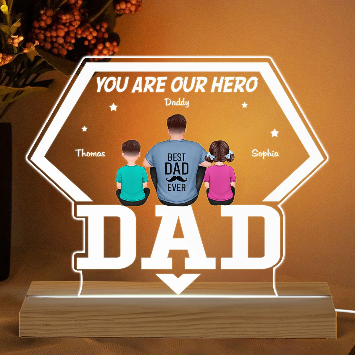 You Are Our Hero Back View Sitting Man Kids Dog Cat Personalized Custom Shaped Acrylic Plaque With LED Night Light - Image 2