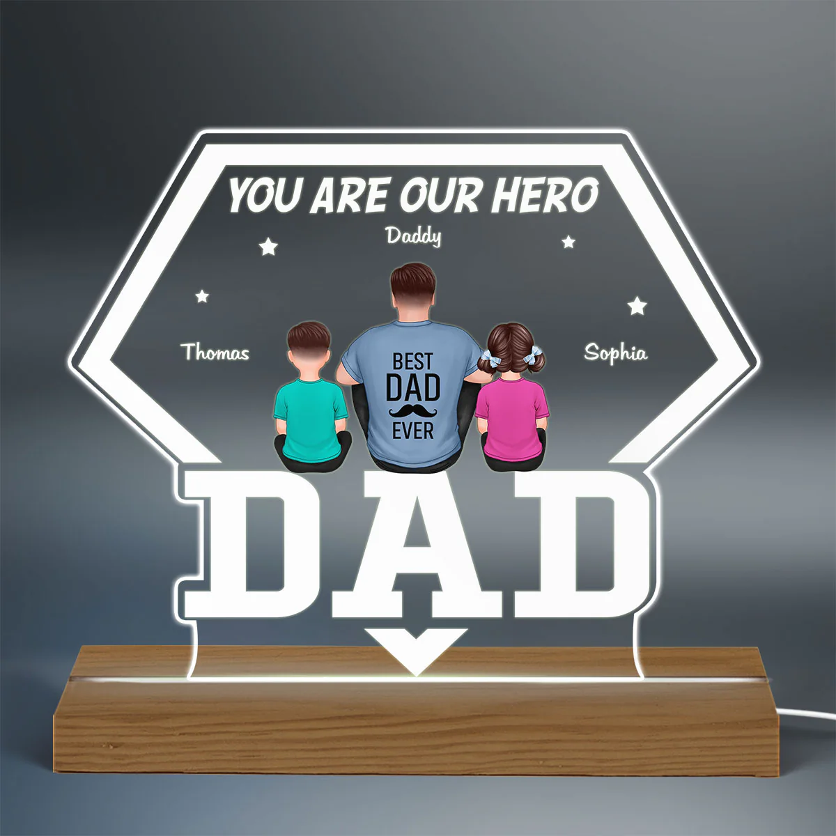 You Are Our Hero Back View Sitting Man Kids Dog Cat Personalized Custom Shaped Acrylic Plaque With LED Night Light - Image 3