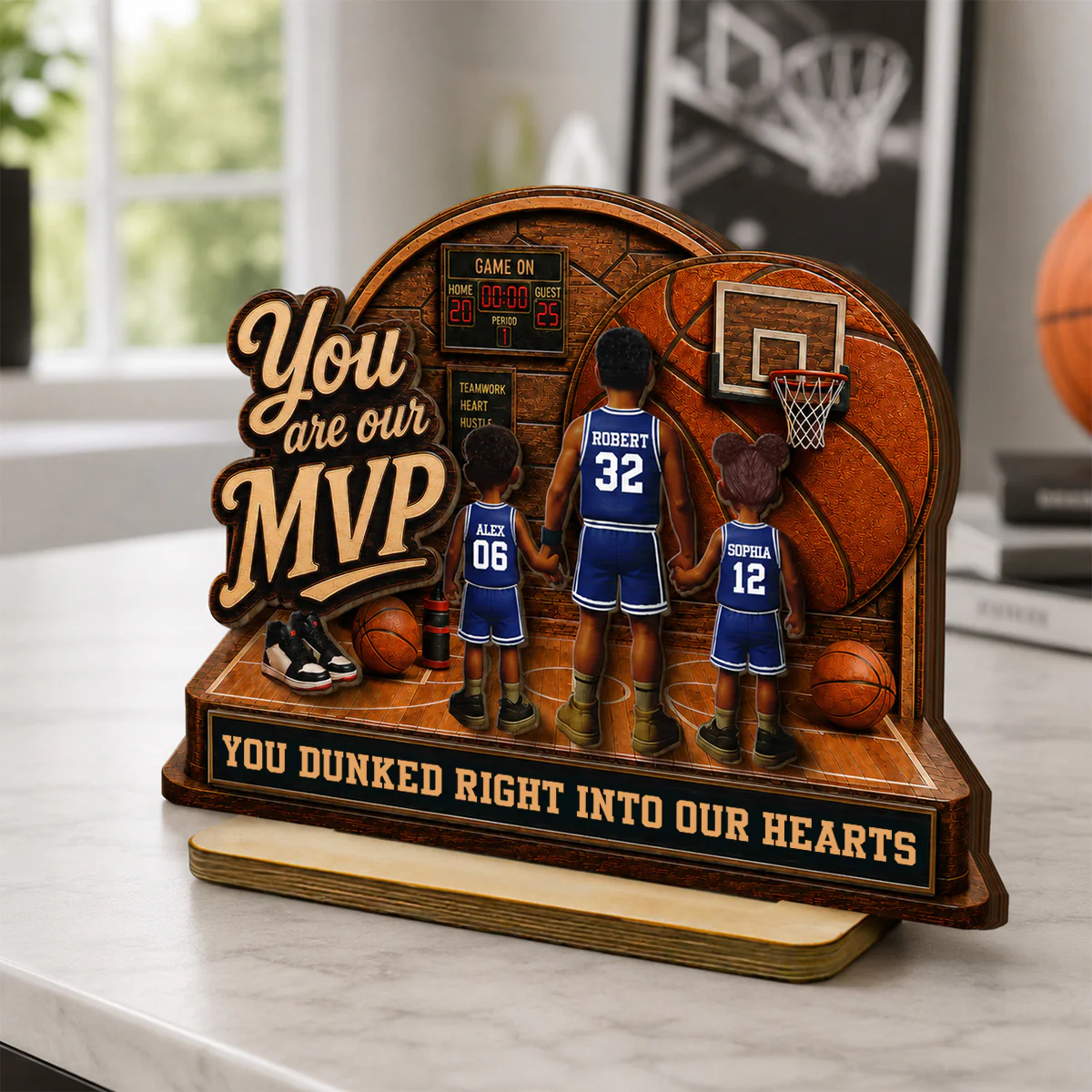 You Are Our MVP Standing Basketball Man & Kids 2D Flat - Personalized 2-Layered Wooden Plaque - Gift For Basketball Dad - Image 3