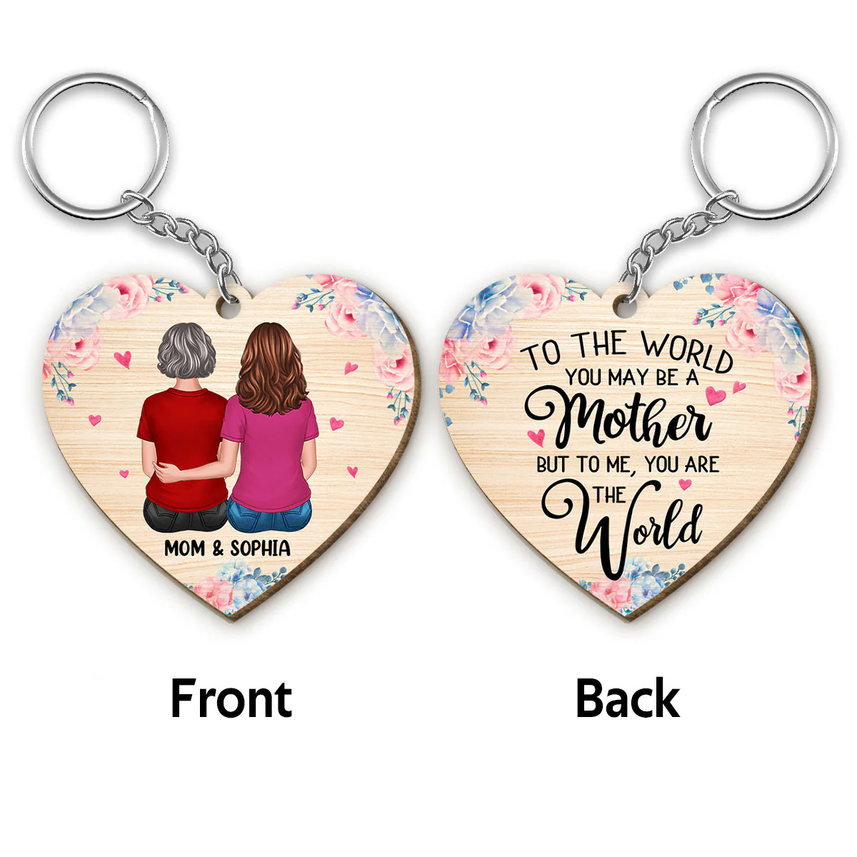 You Are The World Mother And Daughter Heart Shape Personalized Wooden Keychain