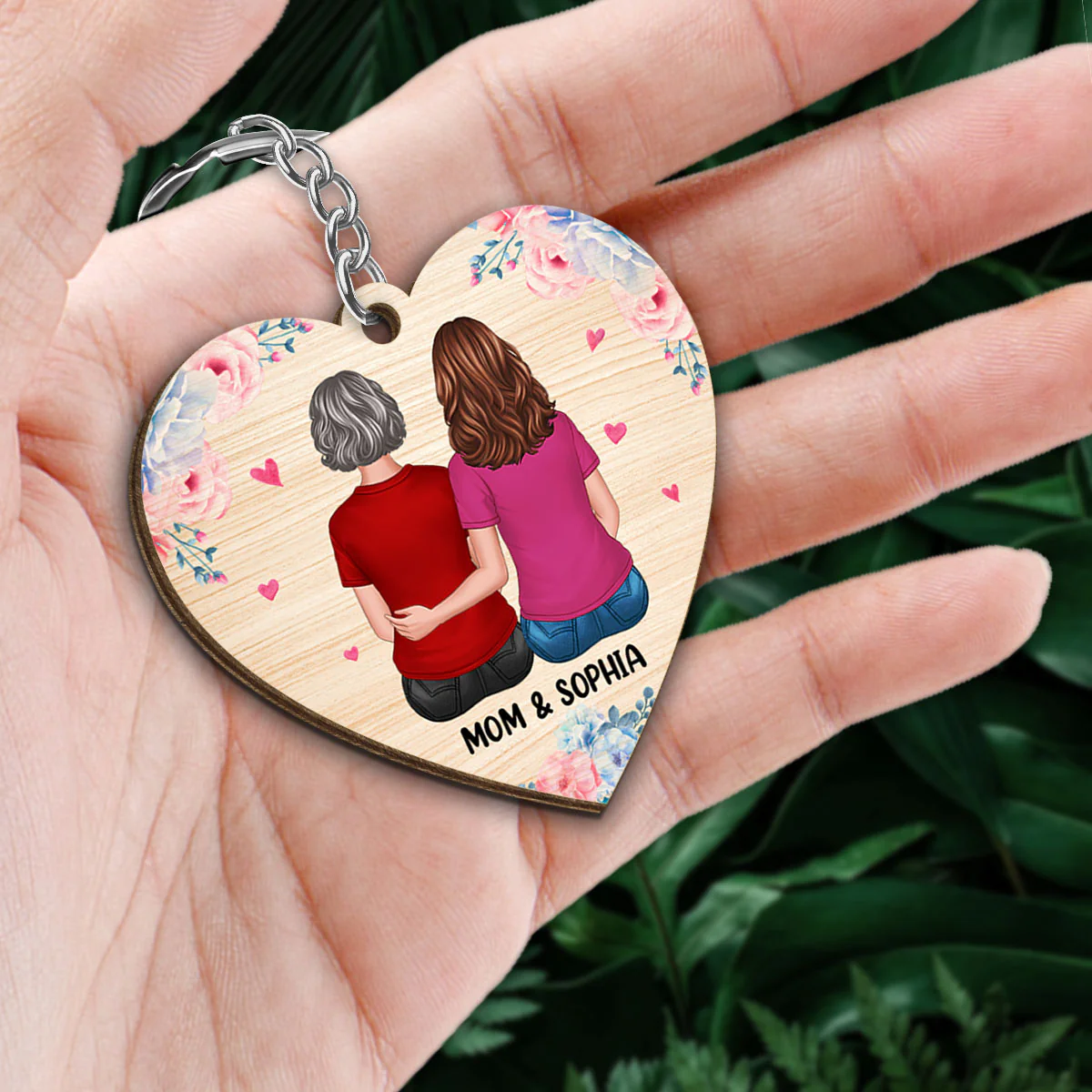 You Are The World Mother And Daughter Heart Shape Personalized Wooden Keychain - Image 2