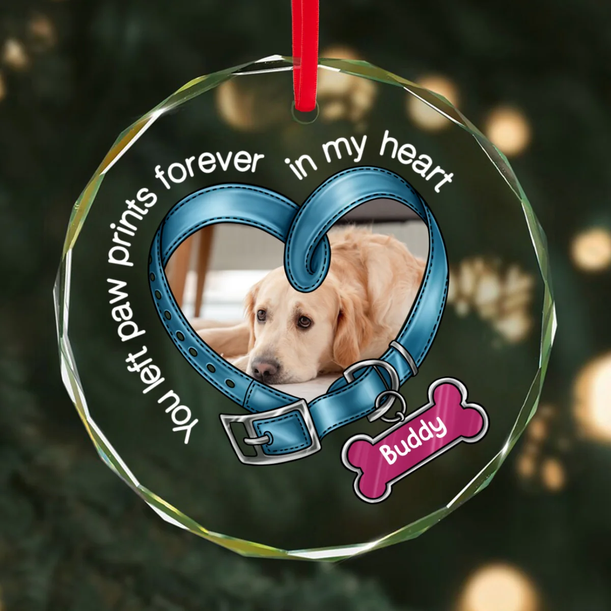 You Left Paw Prints In My Heart Forever Heart Collar Dog Memorial Personalized Glass Ornament - Image 8