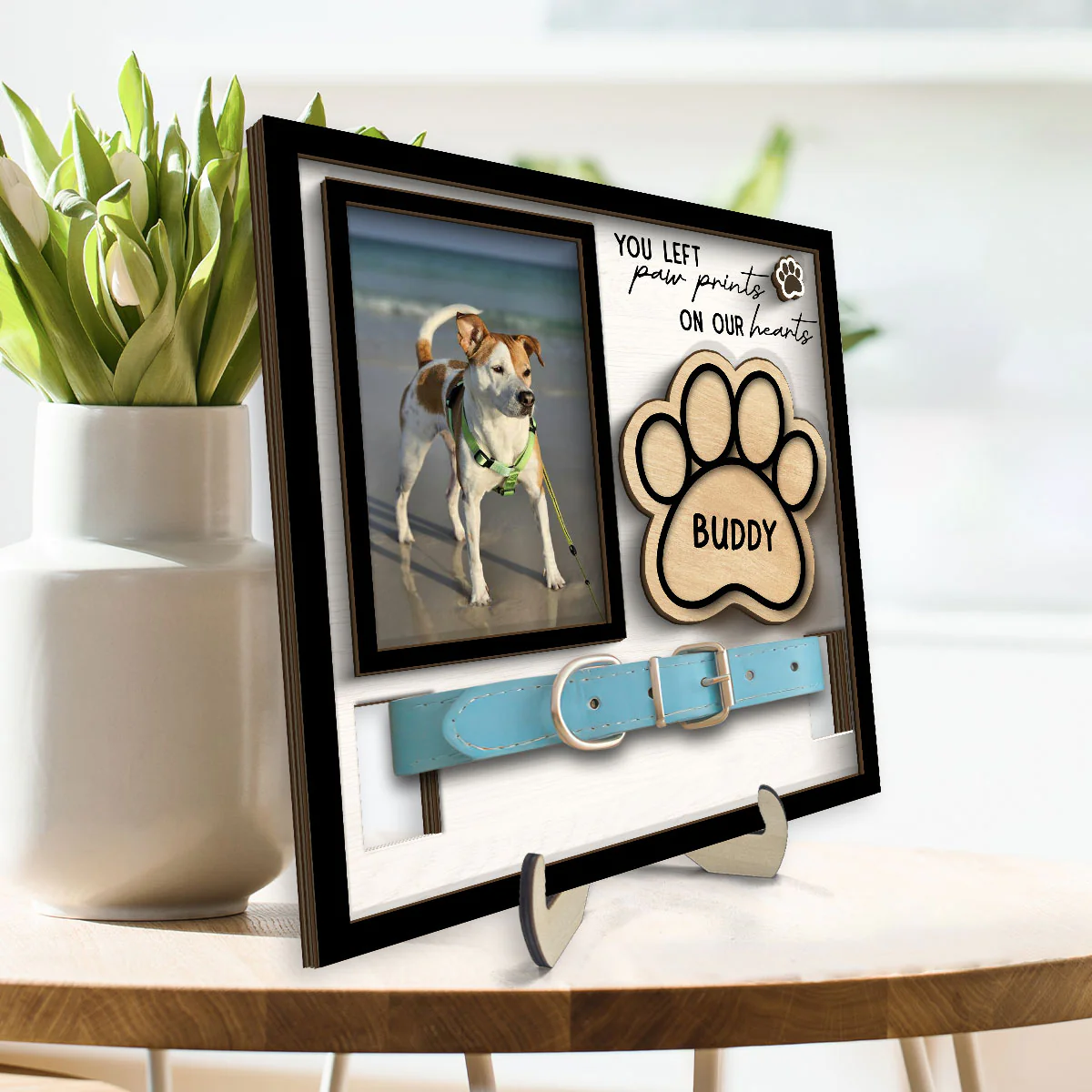 You Left Paw Prints On Our Hearts Photo Inserted Memorial Remembrance Gift Pet Collar Keepsake Personalized Wooden Pet Collar Holder - Image 3